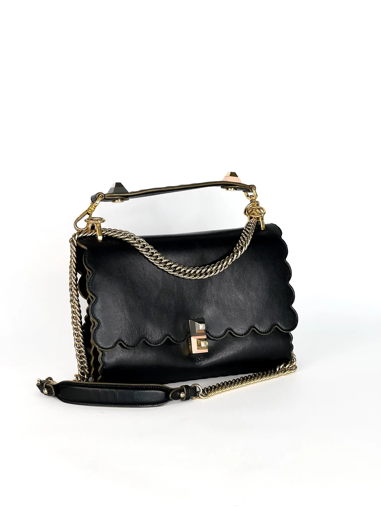 Fendi Vitello Liberty Scalloped Studded Kan I Shoulder Bag Black