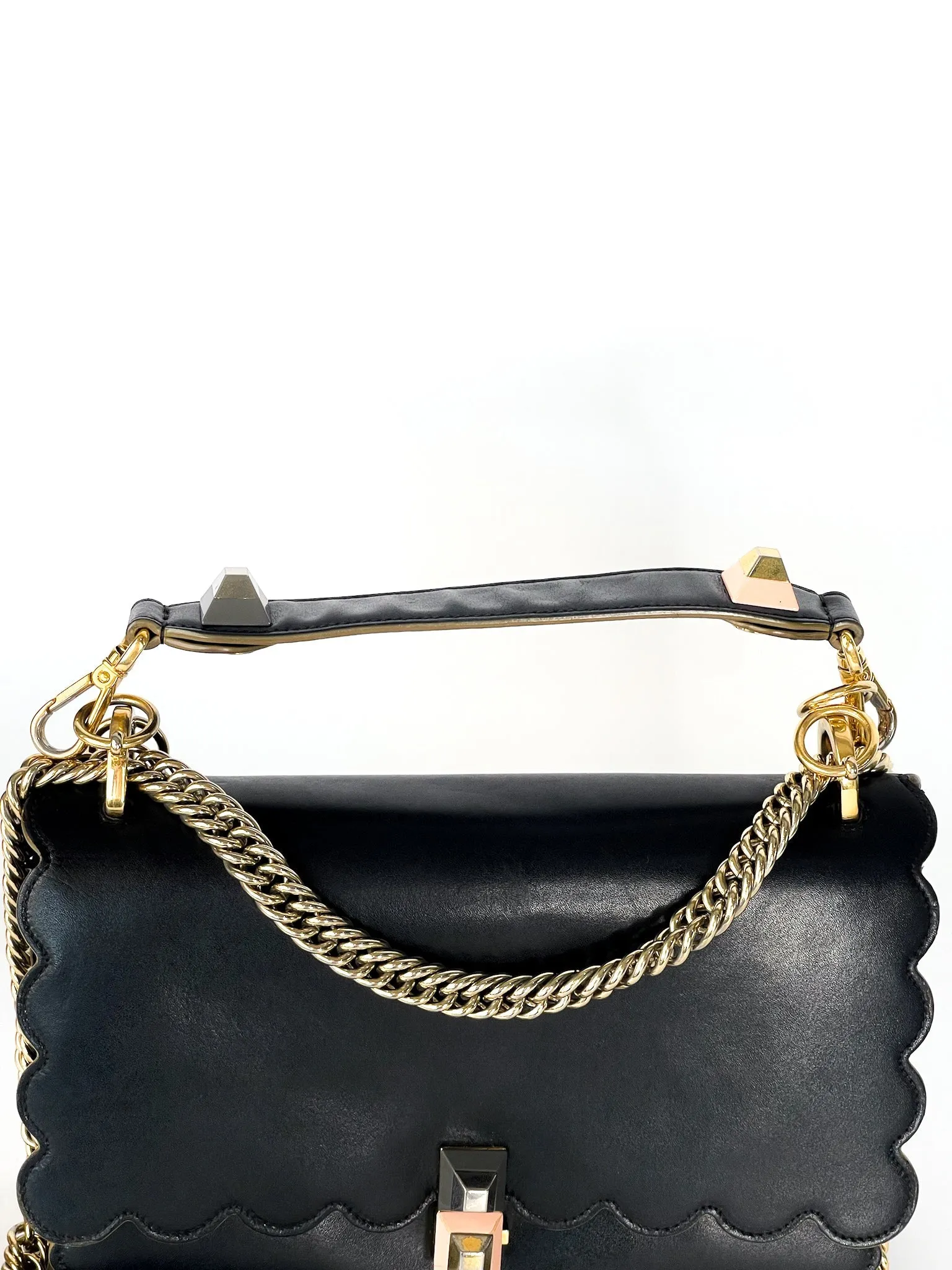 Fendi Vitello Liberty Scalloped Studded Kan I Shoulder Bag Black