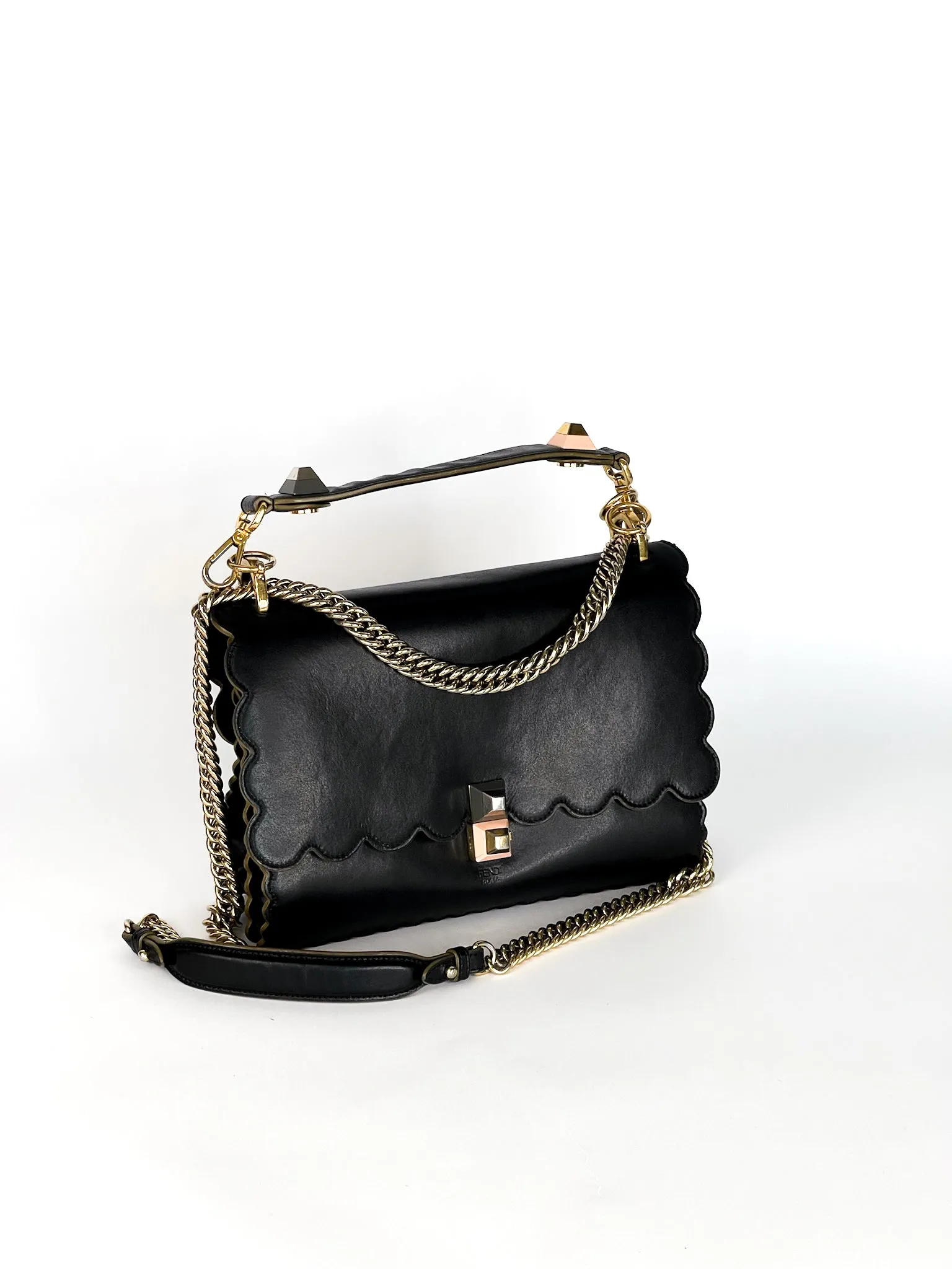 Fendi Vitello Liberty Scalloped Studded Kan I Shoulder Bag Black