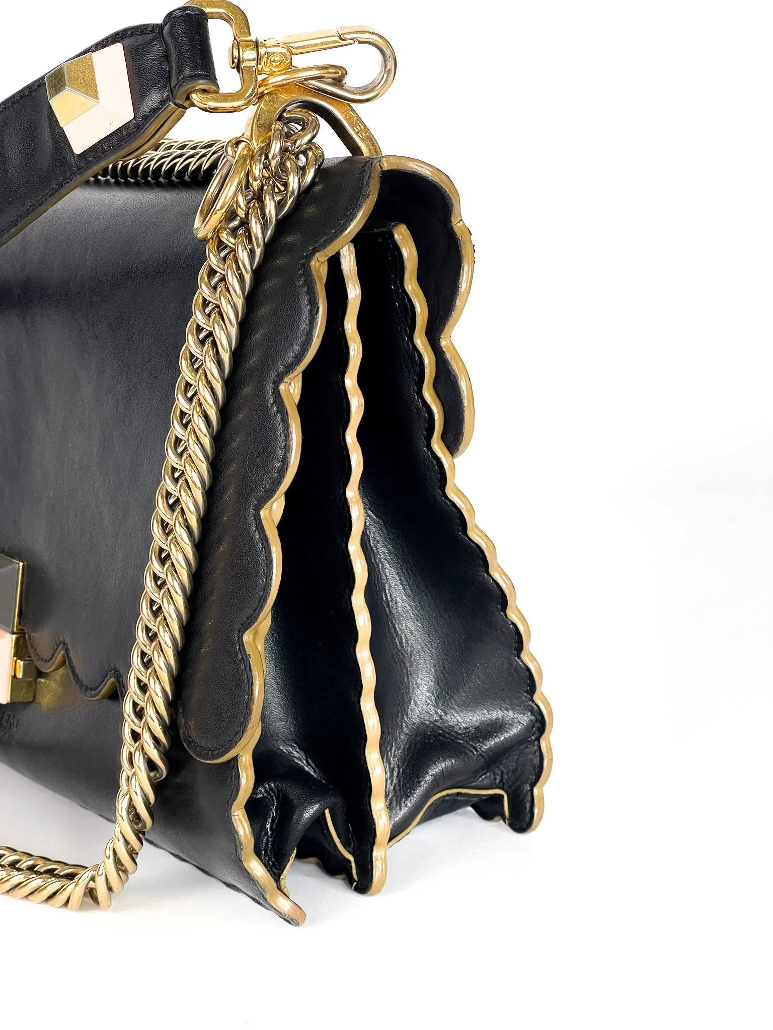 Fendi Vitello Liberty Scalloped Studded Kan I Shoulder Bag Black