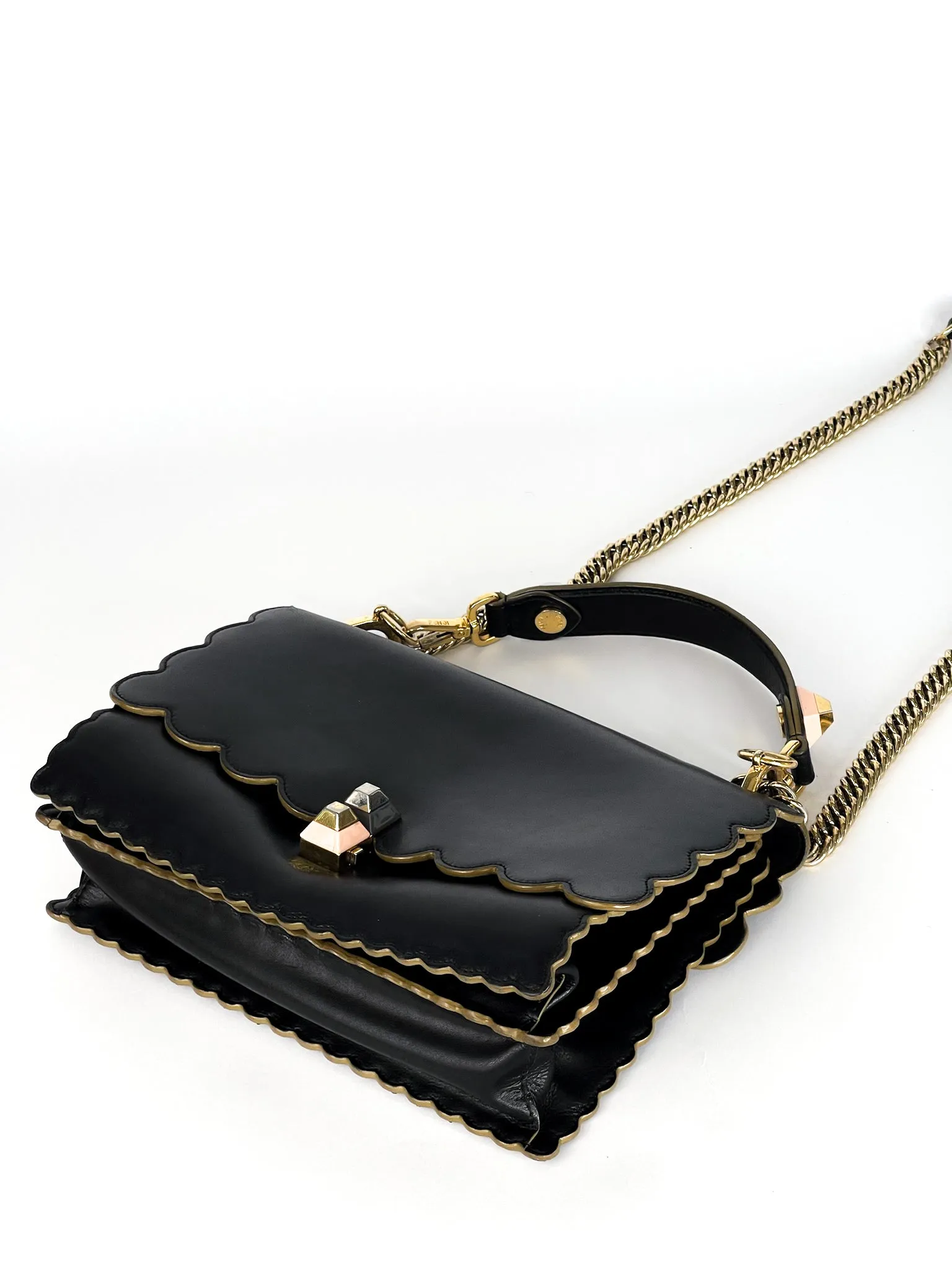 Fendi Vitello Liberty Scalloped Studded Kan I Shoulder Bag Black