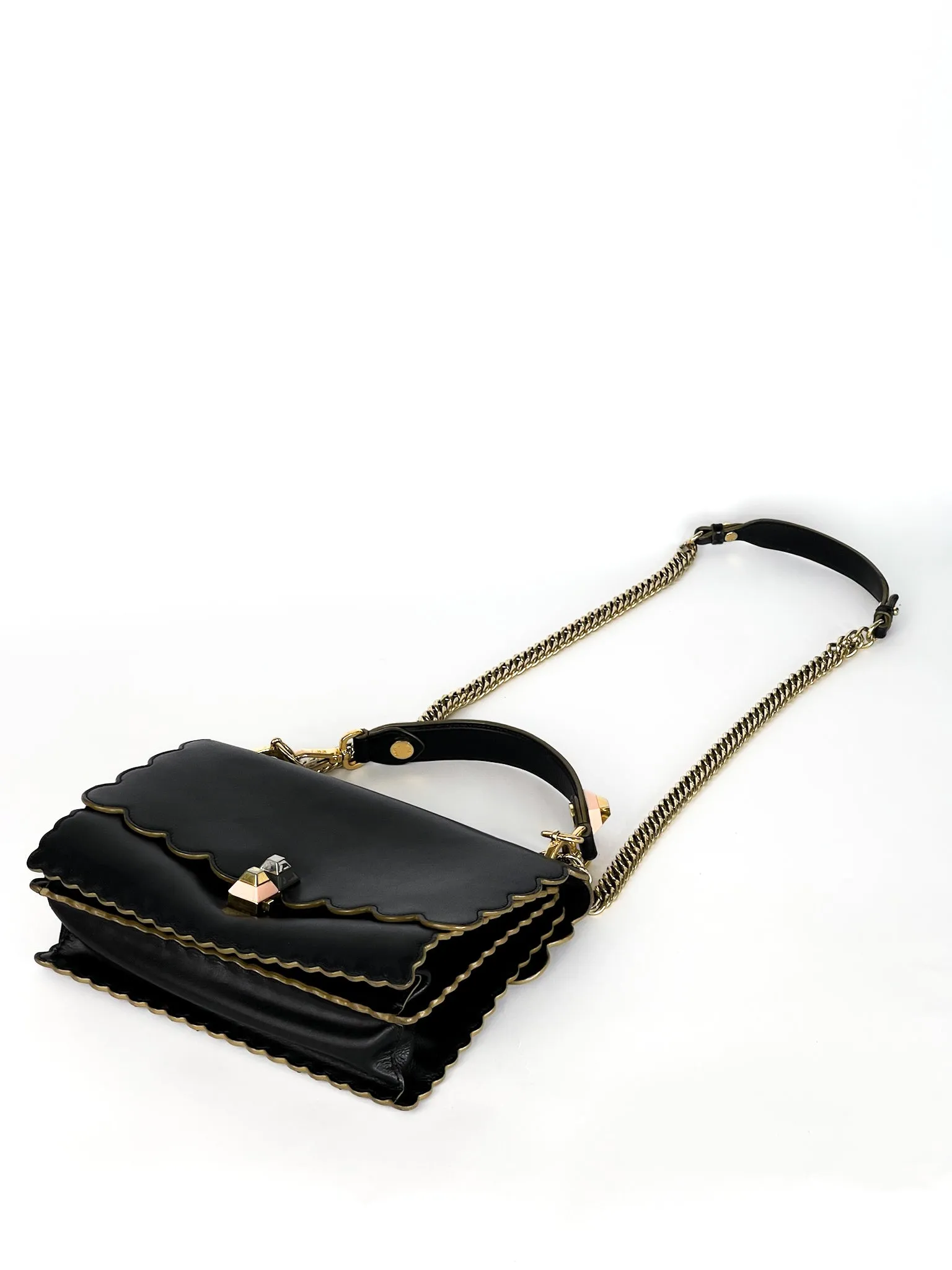 Fendi Vitello Liberty Scalloped Studded Kan I Shoulder Bag Black