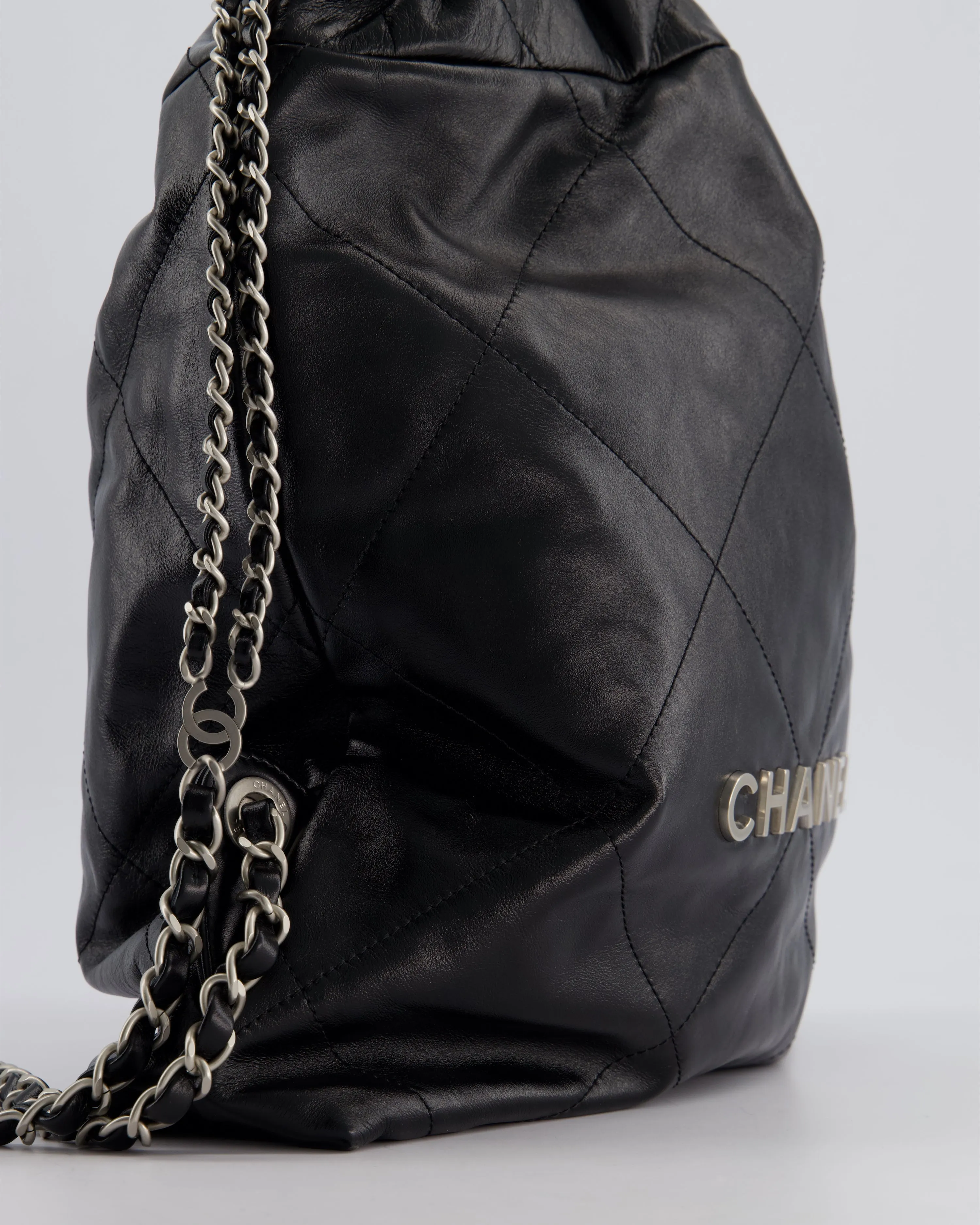 *FIRE PRICE* Chanel 22 Small Backpack Bag in Black Shiny Calfskin with Brushed Silver Hardware
