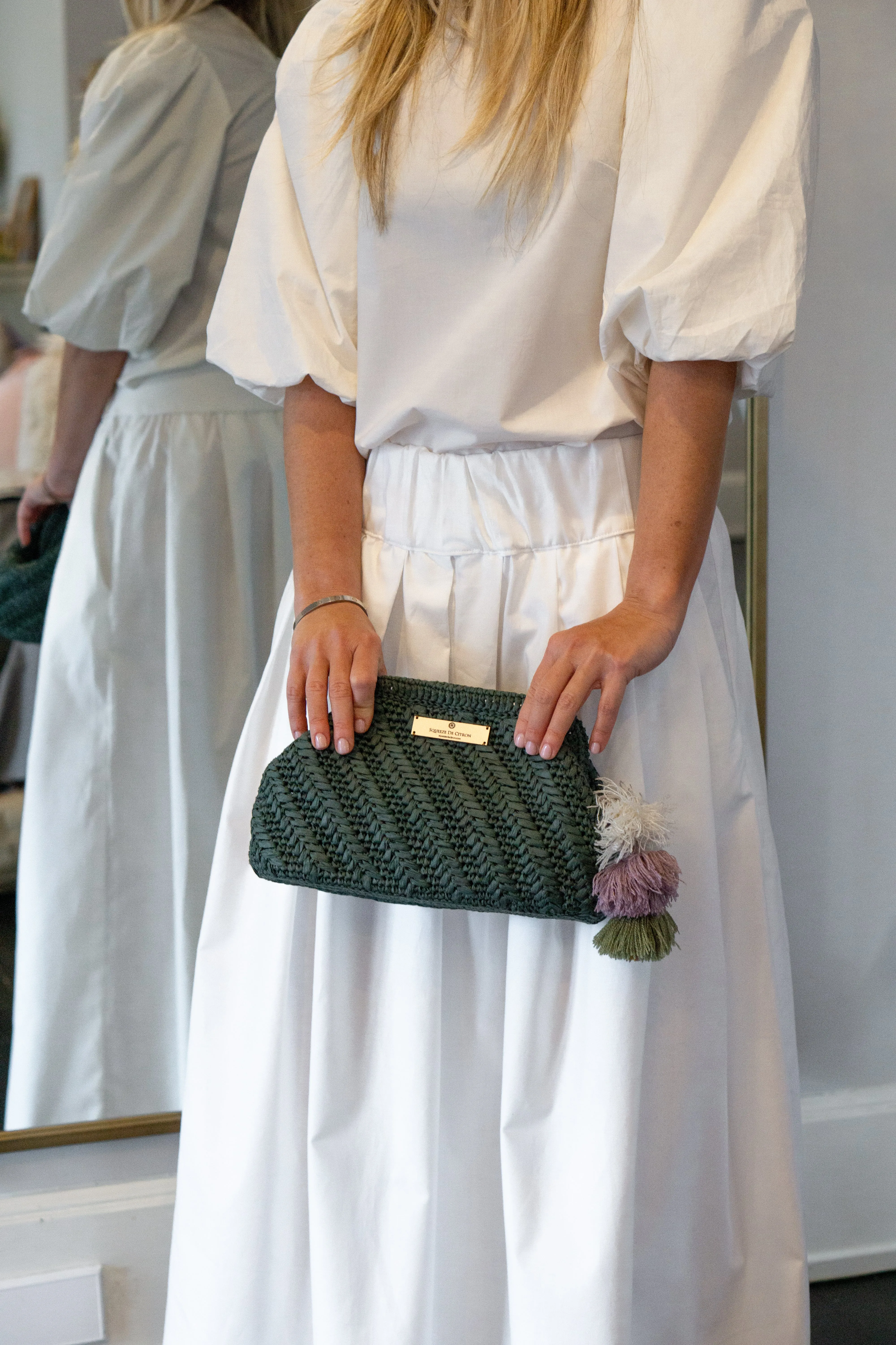 Forest Green Raffia Clutch (Golden Strap Included)