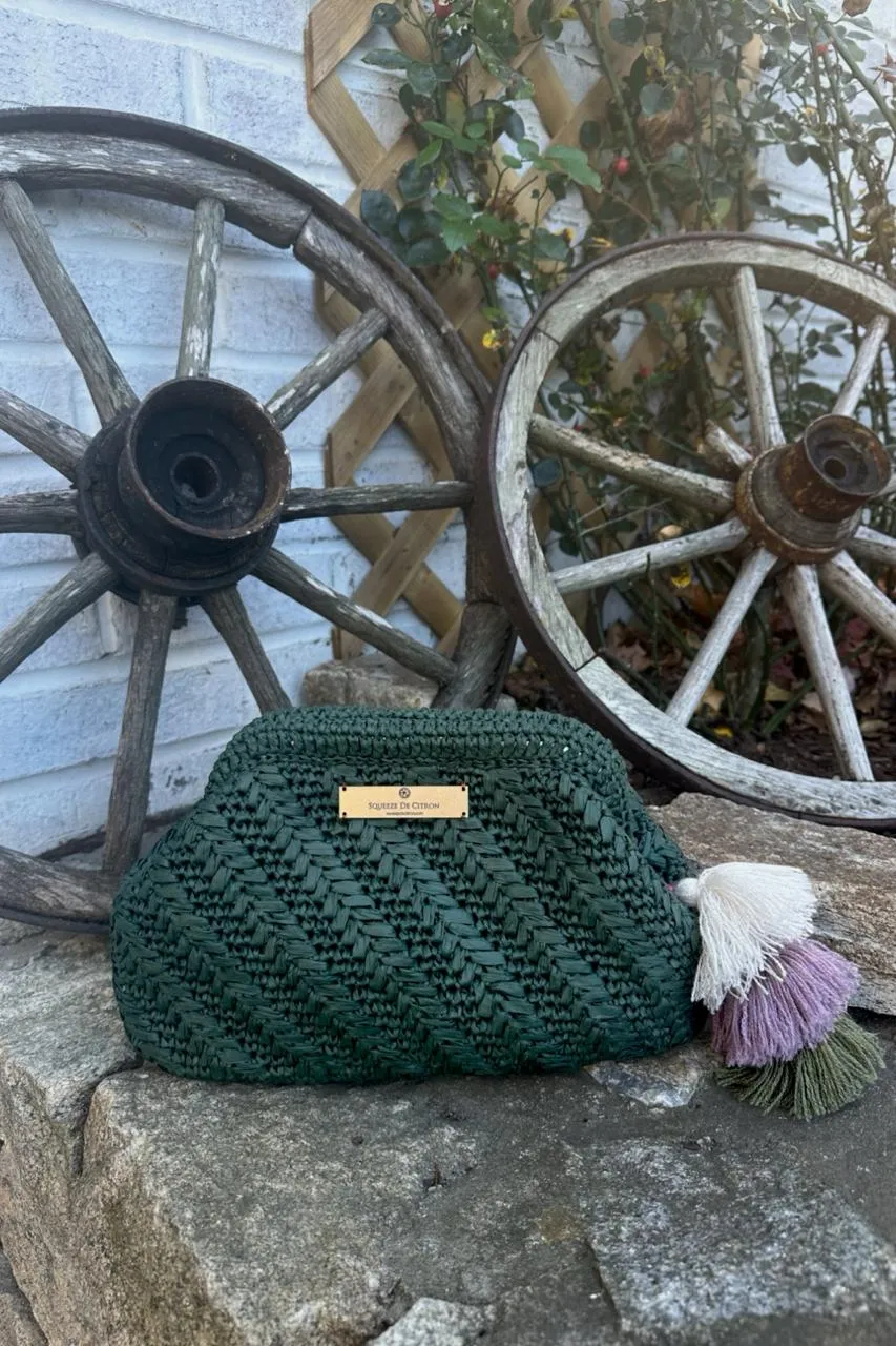 Forest Green Raffia Clutch (Golden Strap Included)