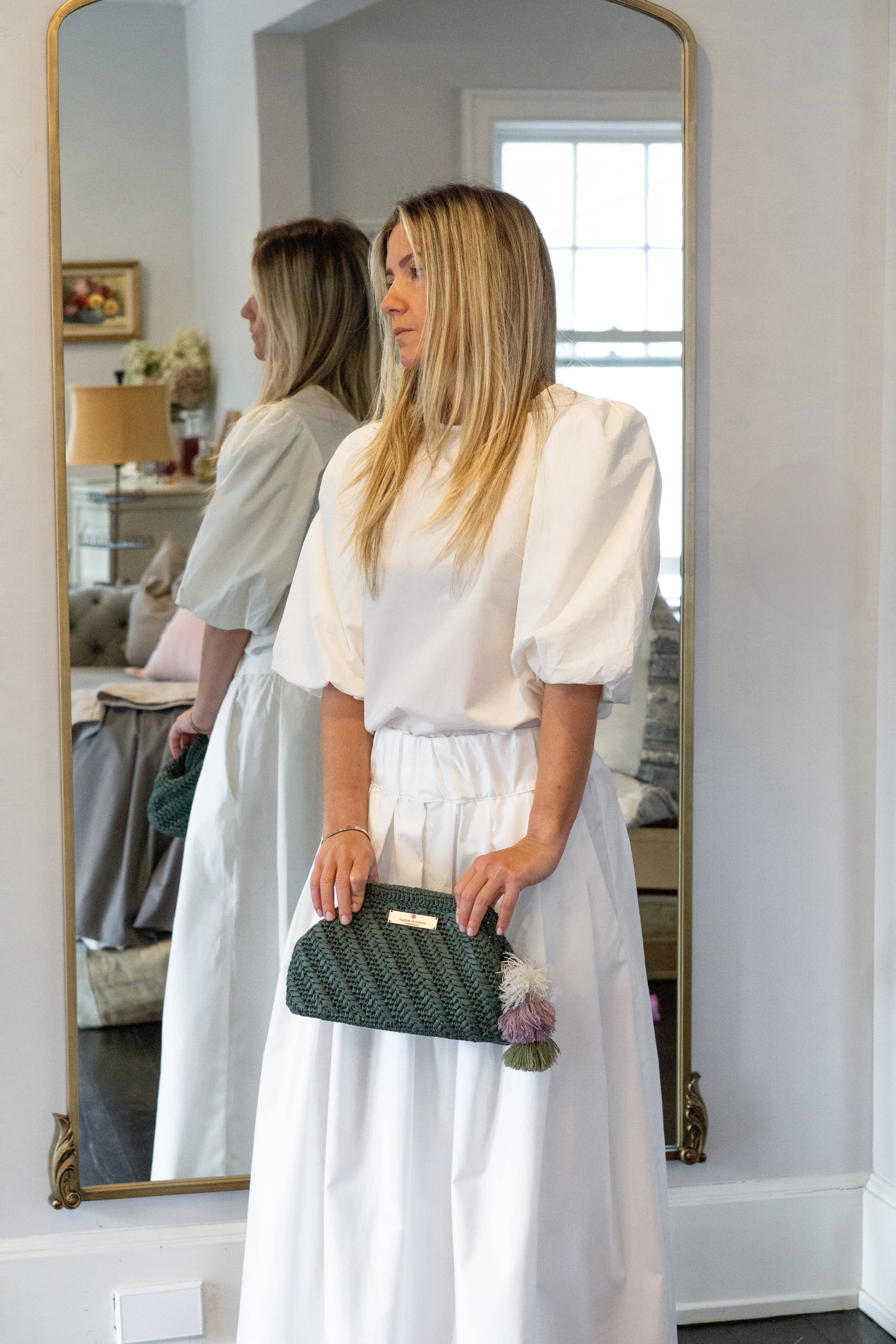 Forest Green Raffia Clutch (Golden Strap Included)