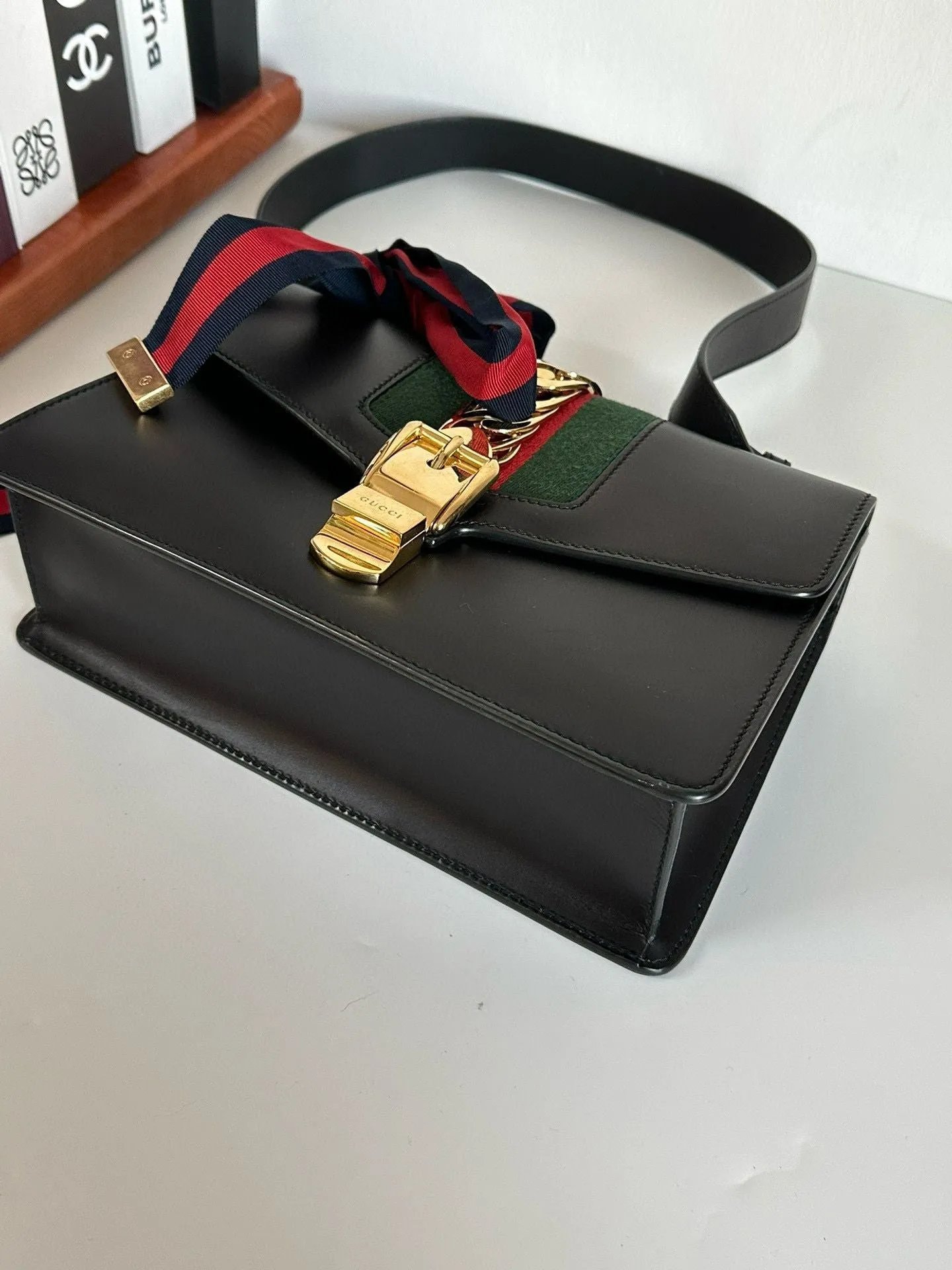 Gucci | Bags | Gucci Black Leather Small Web Sylvie Shoulder Bag #7D