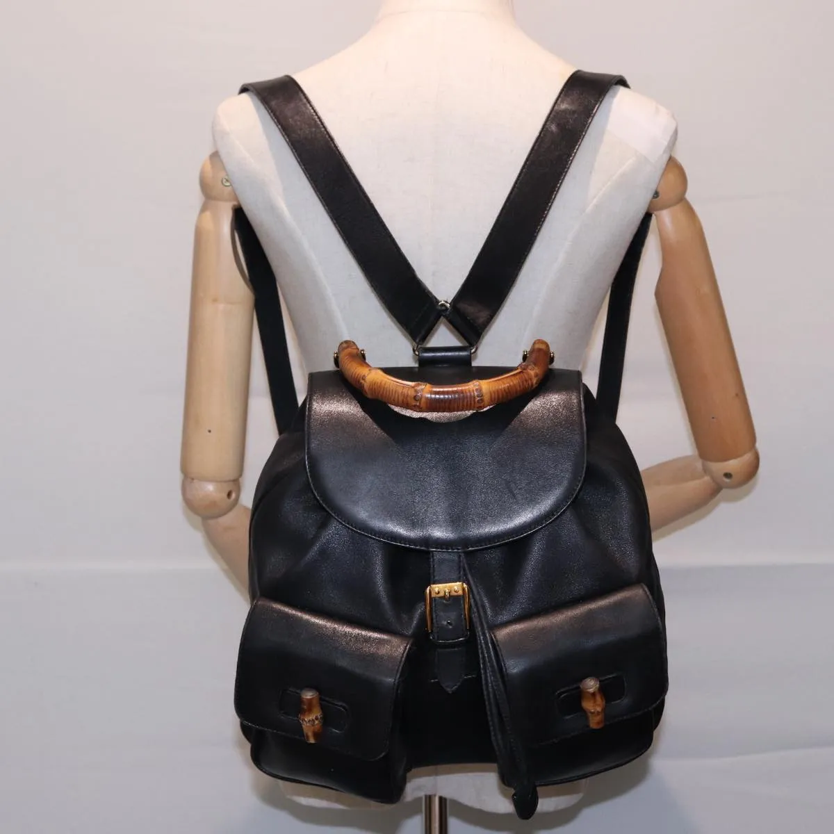 GUCCI Bamboo Backpack Leather Black 003 2058 0016  76392