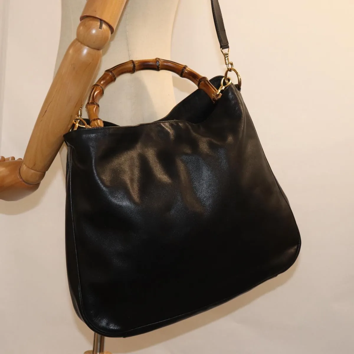 GUCCI Bamboo Shoulder Bag Leather 2way Black 001 1998 1577  76215
