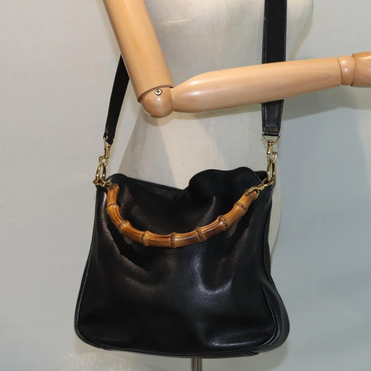 GUCCI Bamboo Shoulder Bag Leather 2way Black 001 3754 1638  80842