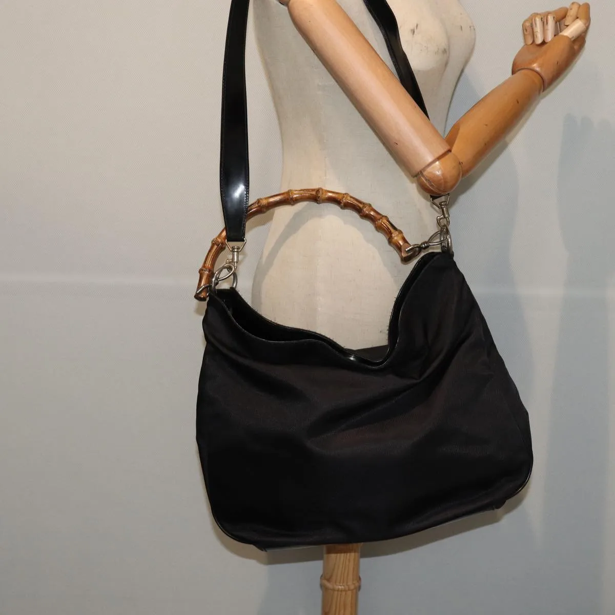 GUCCI Bamboo Shoulder Bag Nylon 2way Black 001 1998 1577  bs16235