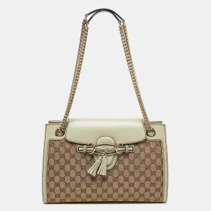 Gucci Beige/white Gg Canvas And Leather Large Emily Chain Shoulder Bag