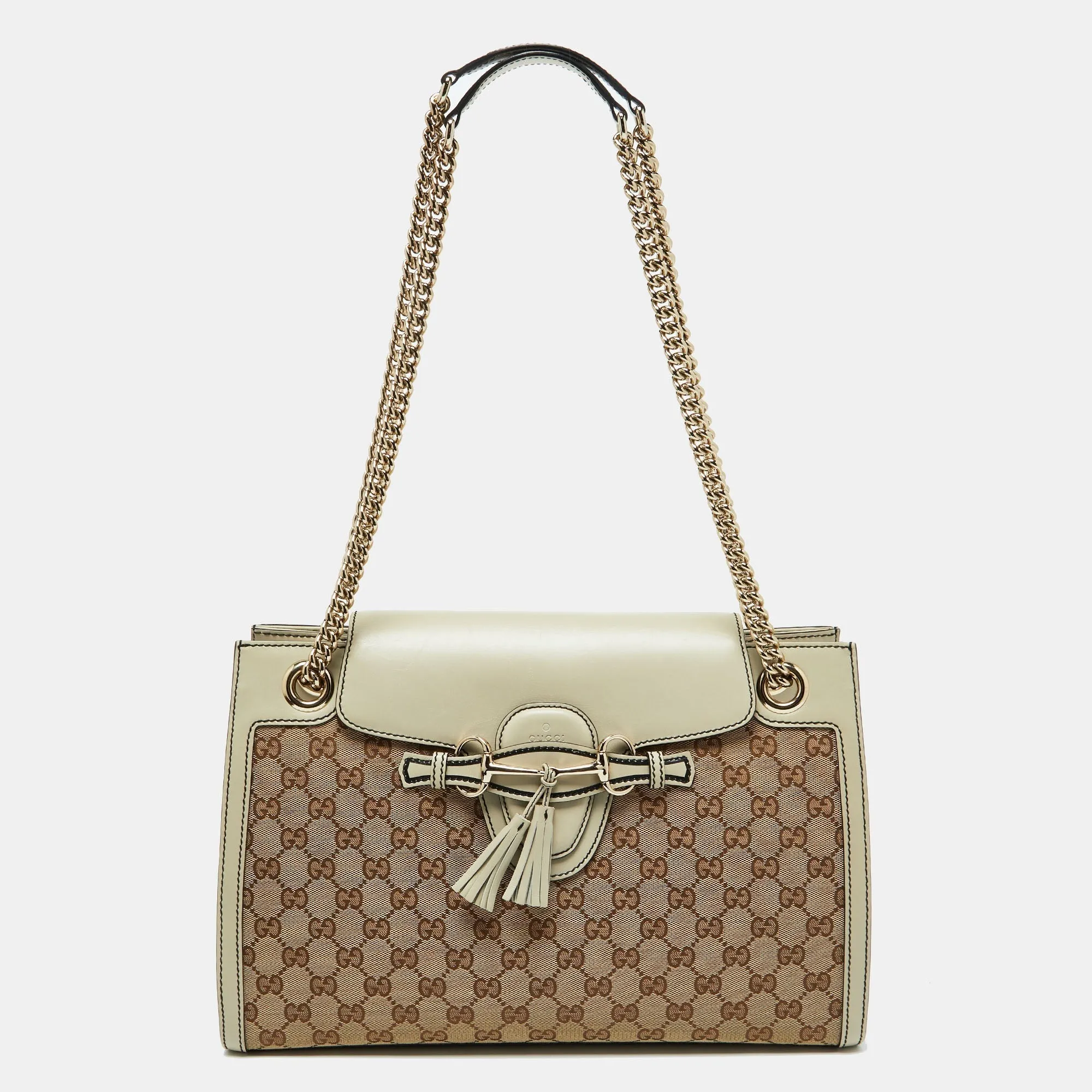 Gucci Beige/white Gg Canvas And Leather Large Emily Chain Shoulder Bag
