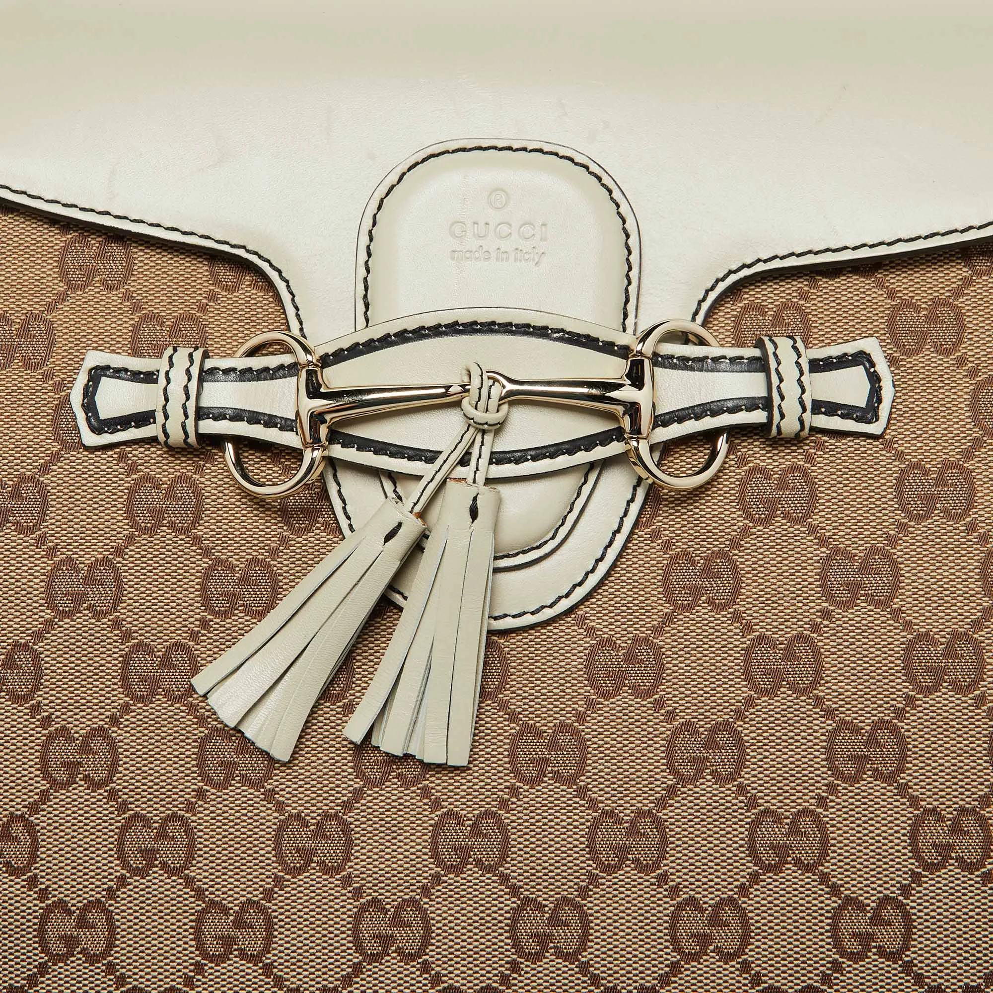 Gucci Beige/white Gg Canvas And Leather Large Emily Chain Shoulder Bag