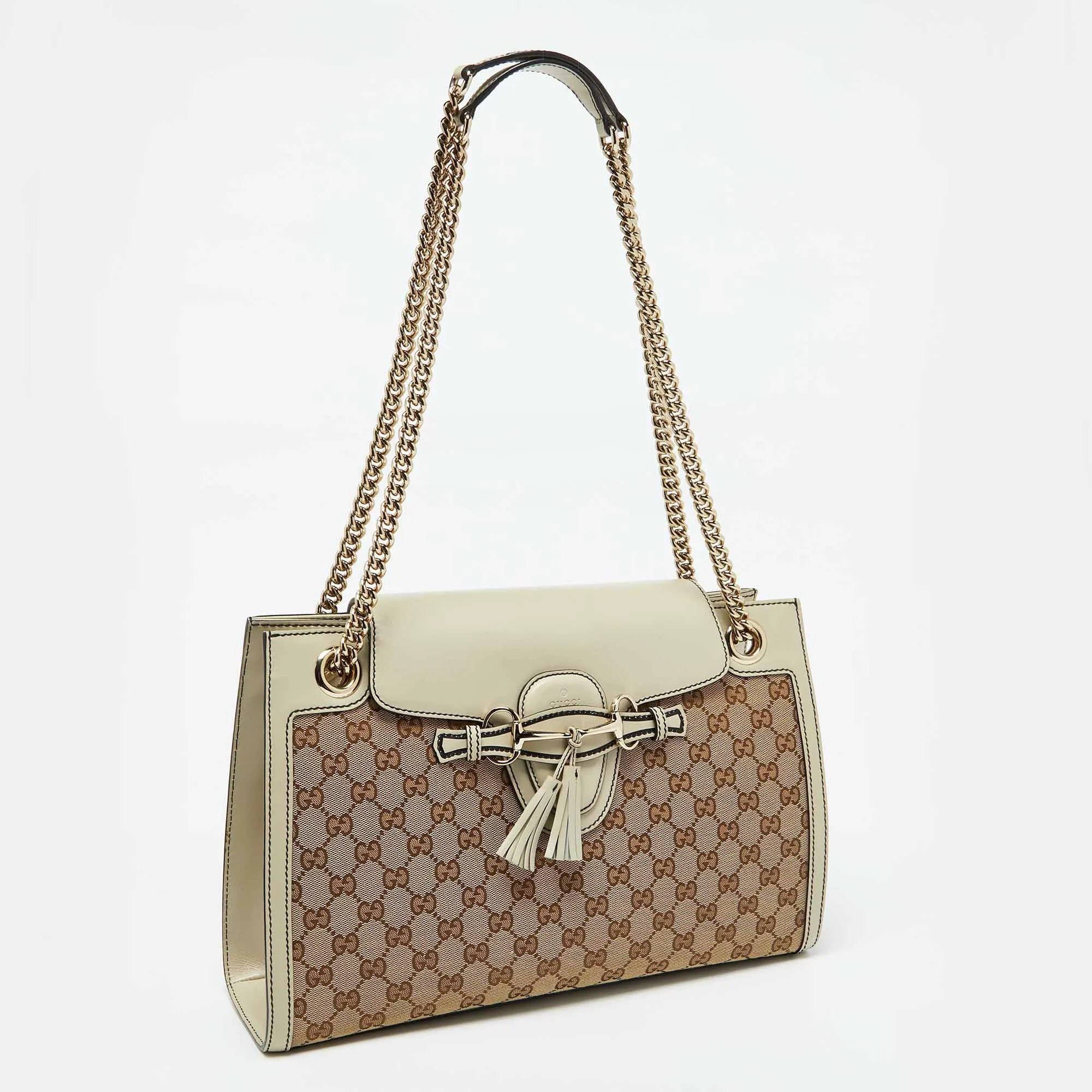 Gucci Beige/white Gg Canvas And Leather Large Emily Chain Shoulder Bag