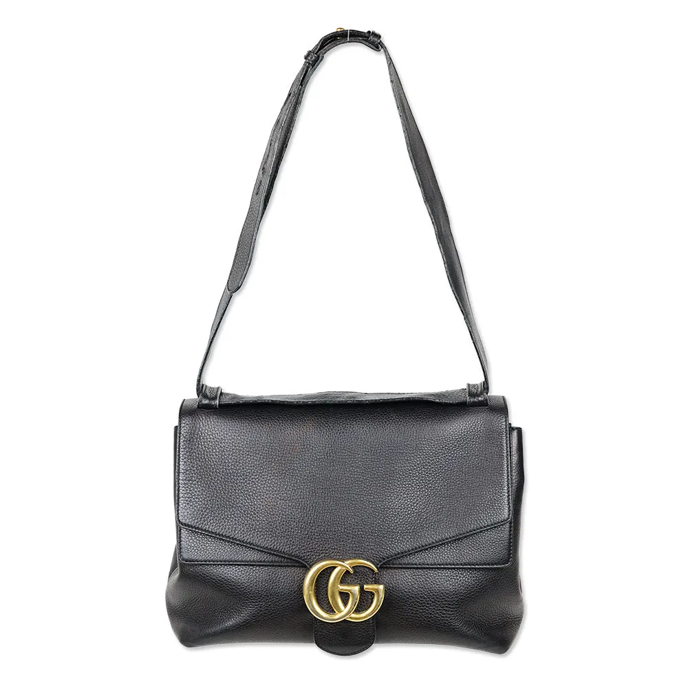 Gucci Black Leather Large GG Marmont Flap Shoulder Bag