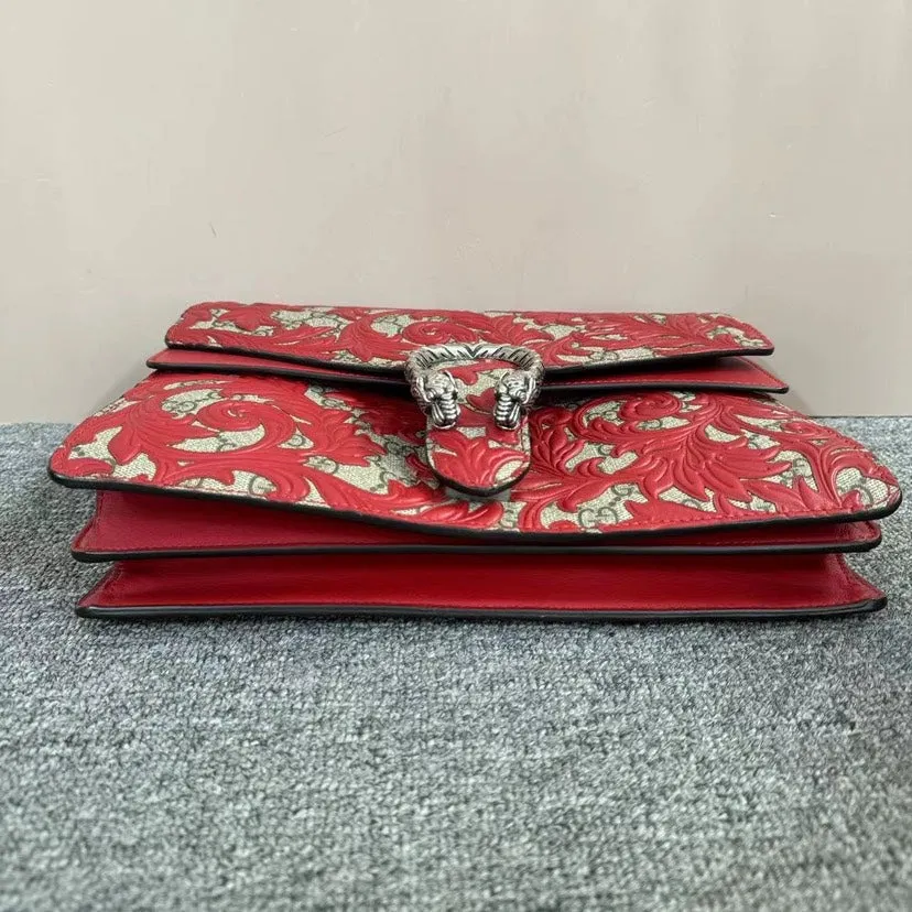 Gucci Dionysus Red Beige Leather Canvas Embroidered Shoulder Bag Medium