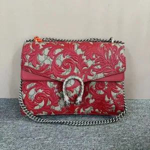 Gucci Dionysus Red Beige Leather Canvas Embroidered Shoulder Bag Medium