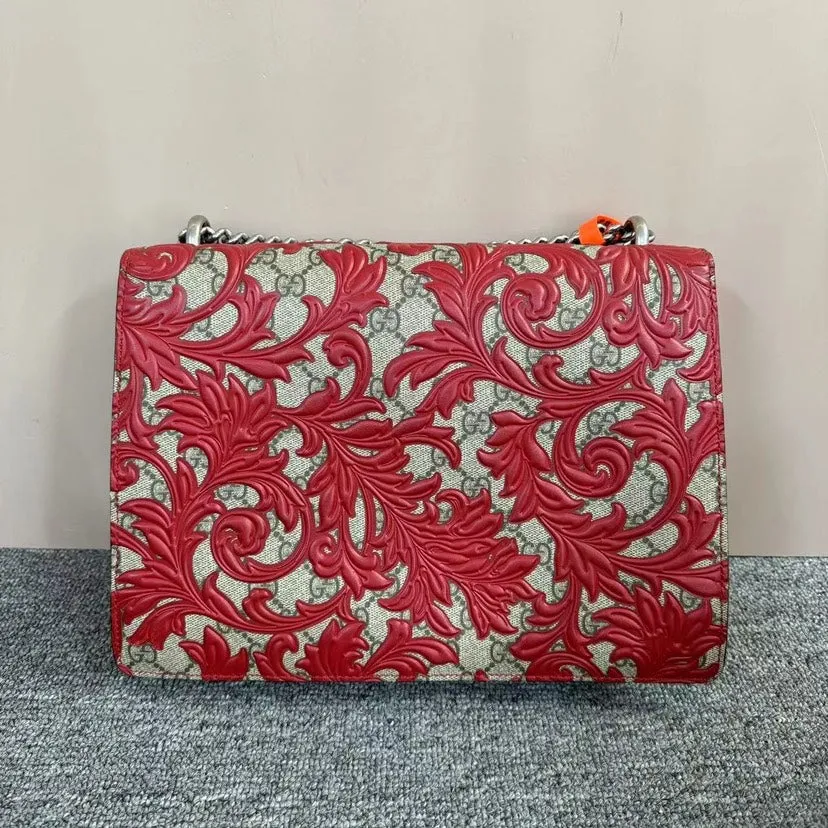 Gucci Dionysus Red Beige Leather Canvas Embroidered Shoulder Bag Medium