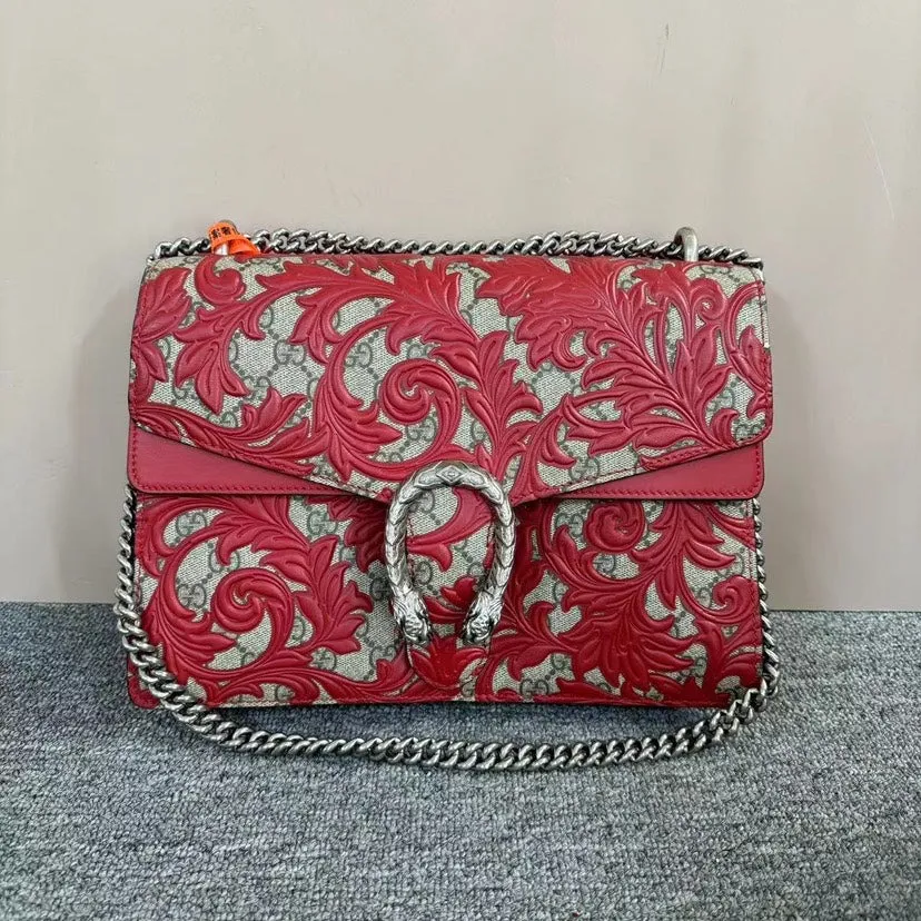 Gucci Dionysus Red Beige Leather Canvas Embroidered Shoulder Bag Medium