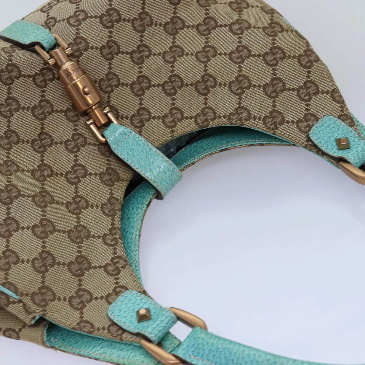 GUCCI GG Canvas New Jackie Shoulder Bag Turquoise Blue 124407  76451