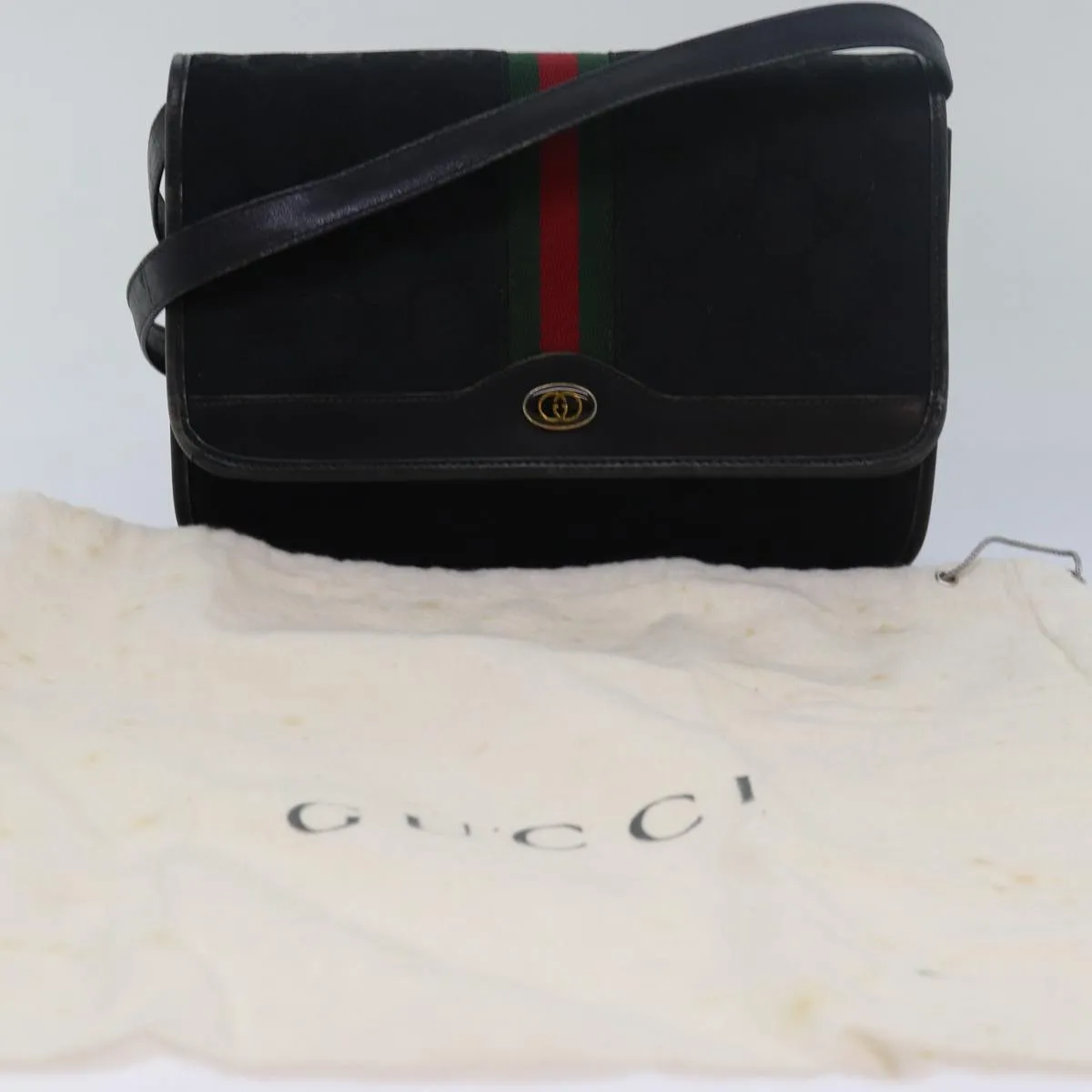 GUCCI GG Canvas Web Sherry Line Shoulder Bag Black Red Green  13149