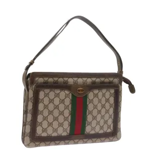 GUCCI GG Canvas Web Sherry Line Shoulder Bag PVC Leather Beige Green  57310