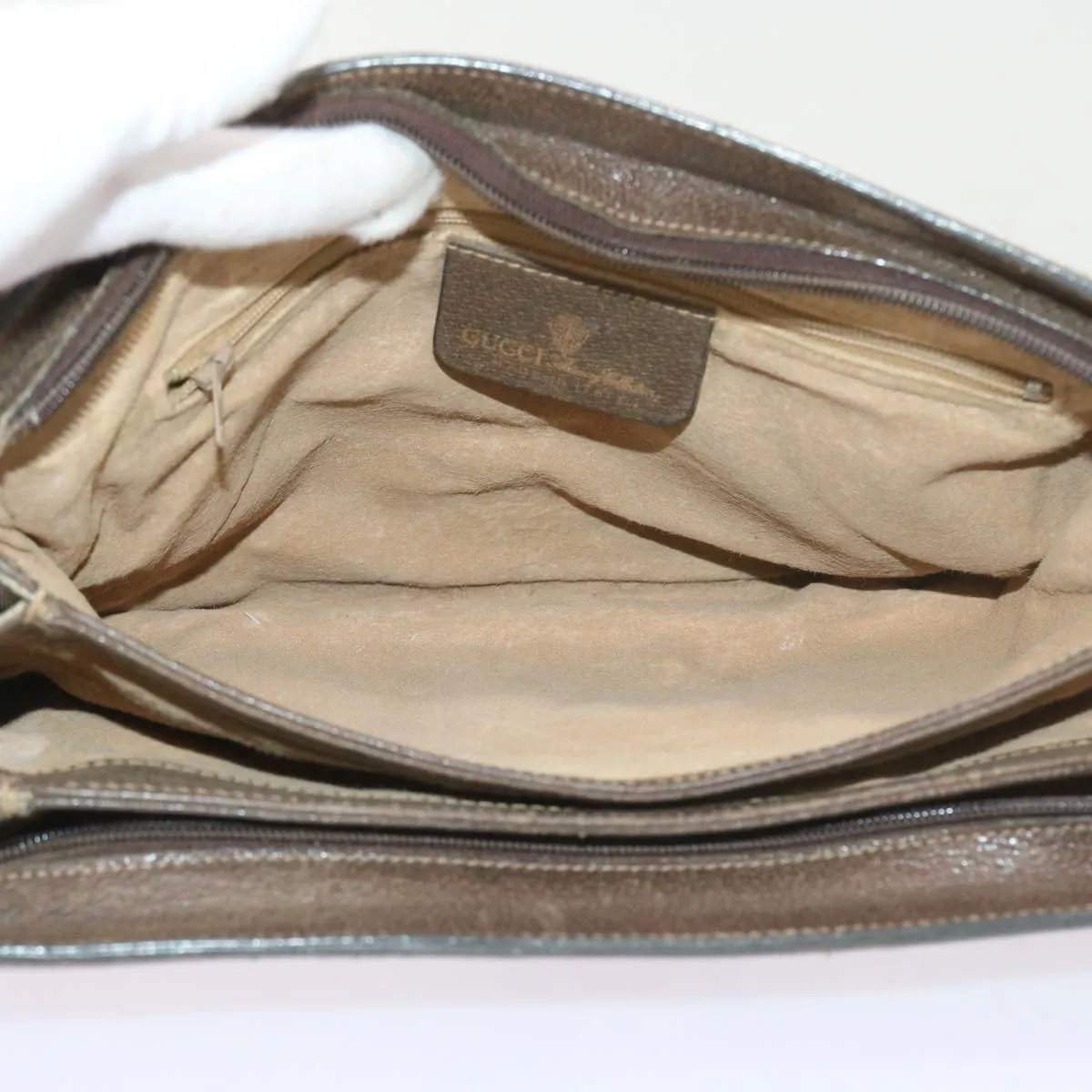 GUCCI GG Canvas Web Sherry Line Shoulder Bag PVC Leather Beige Green  57310