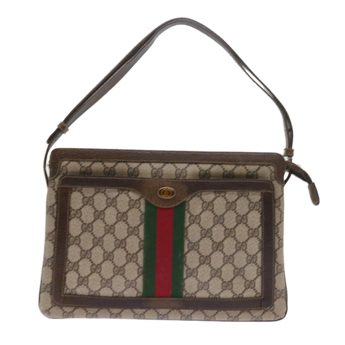 GUCCI GG Canvas Web Sherry Line Shoulder Bag PVC Leather Beige Green  57310