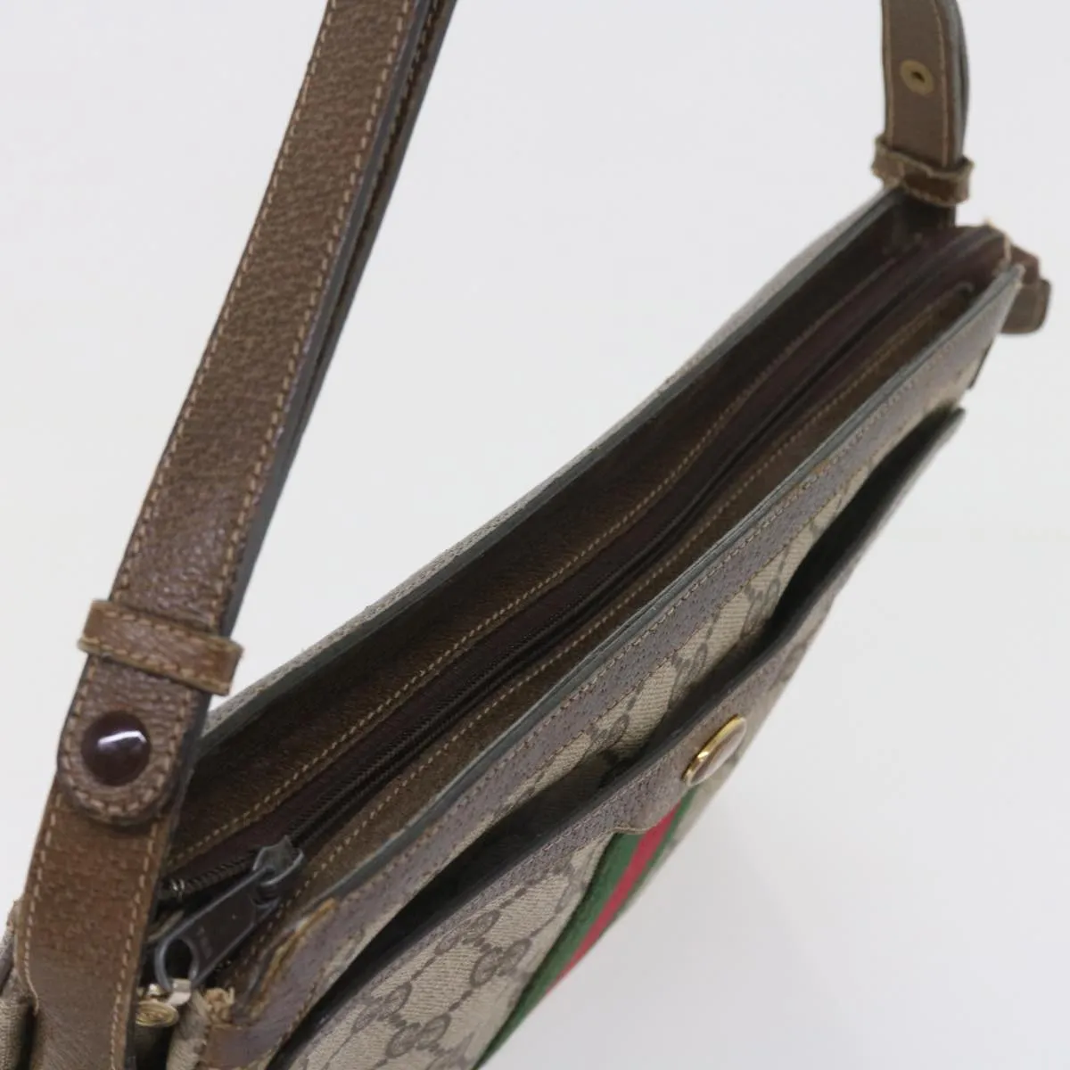 GUCCI GG Canvas Web Sherry Line Shoulder Bag PVC Leather Beige Green  57310