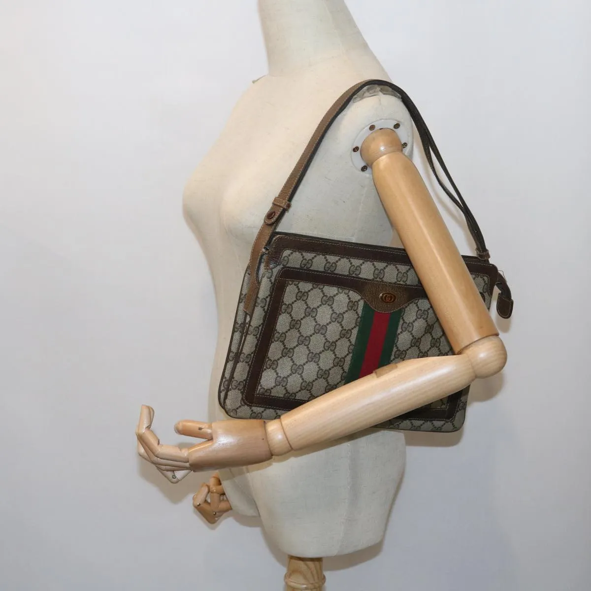 GUCCI GG Canvas Web Sherry Line Shoulder Bag PVC Leather Beige Green  57310