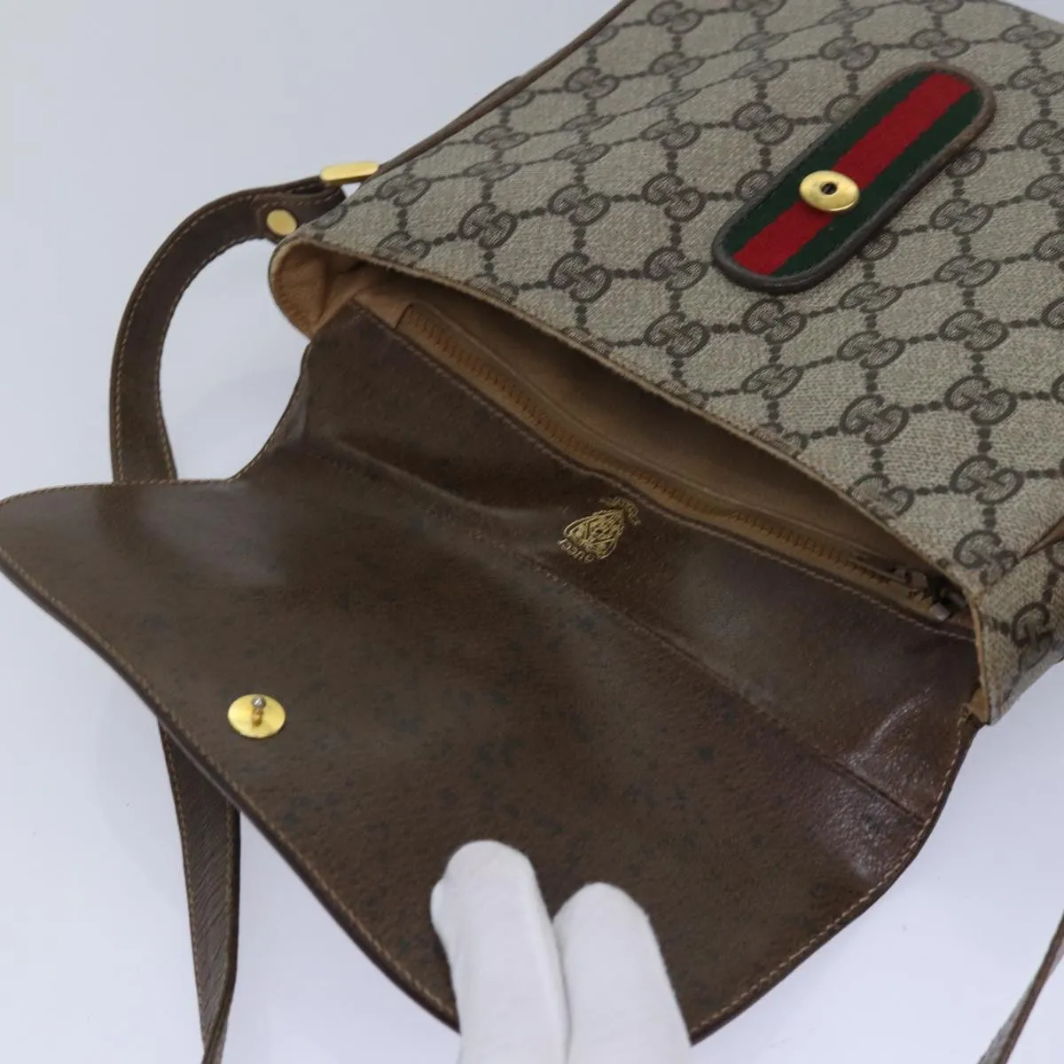 GUCCI GG Canvas Web Sherry Line Shoulder Bag PVC Leather Beige Green  83285