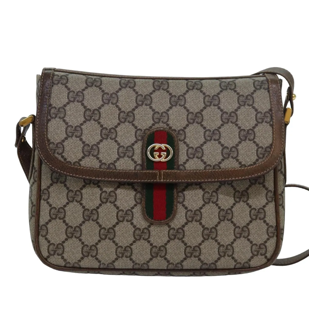 GUCCI GG Canvas Web Sherry Line Shoulder Bag PVC Leather Beige Green  83285