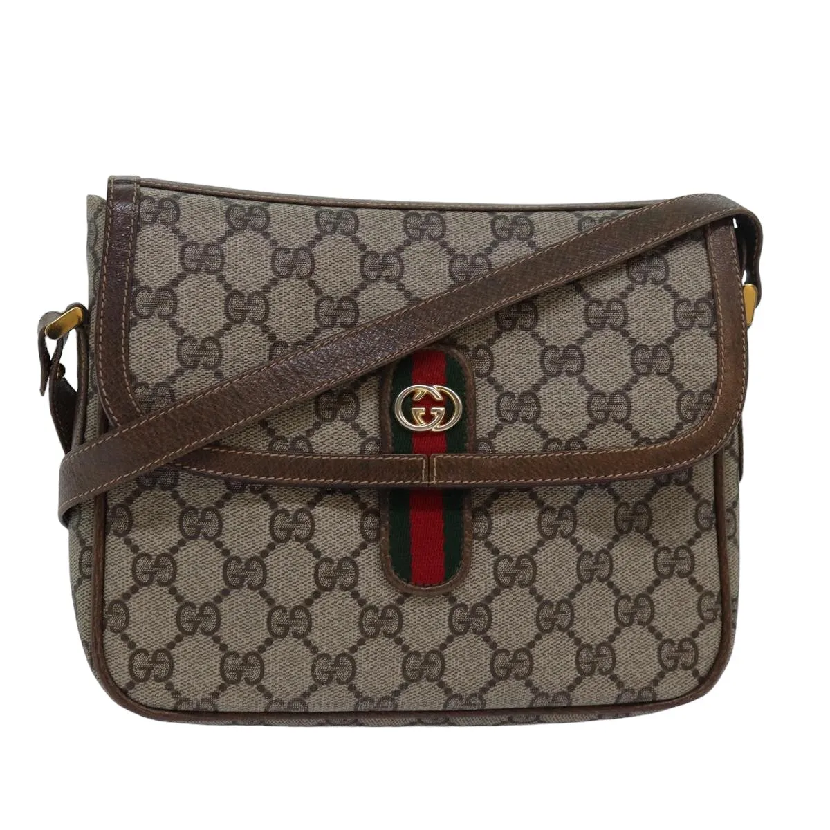 GUCCI GG Canvas Web Sherry Line Shoulder Bag PVC Leather Beige Green  83285