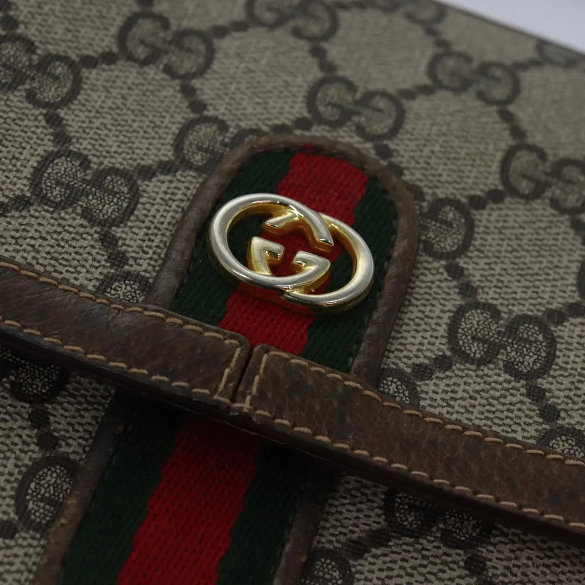 GUCCI GG Canvas Web Sherry Line Shoulder Bag PVC Leather Beige Green  83285