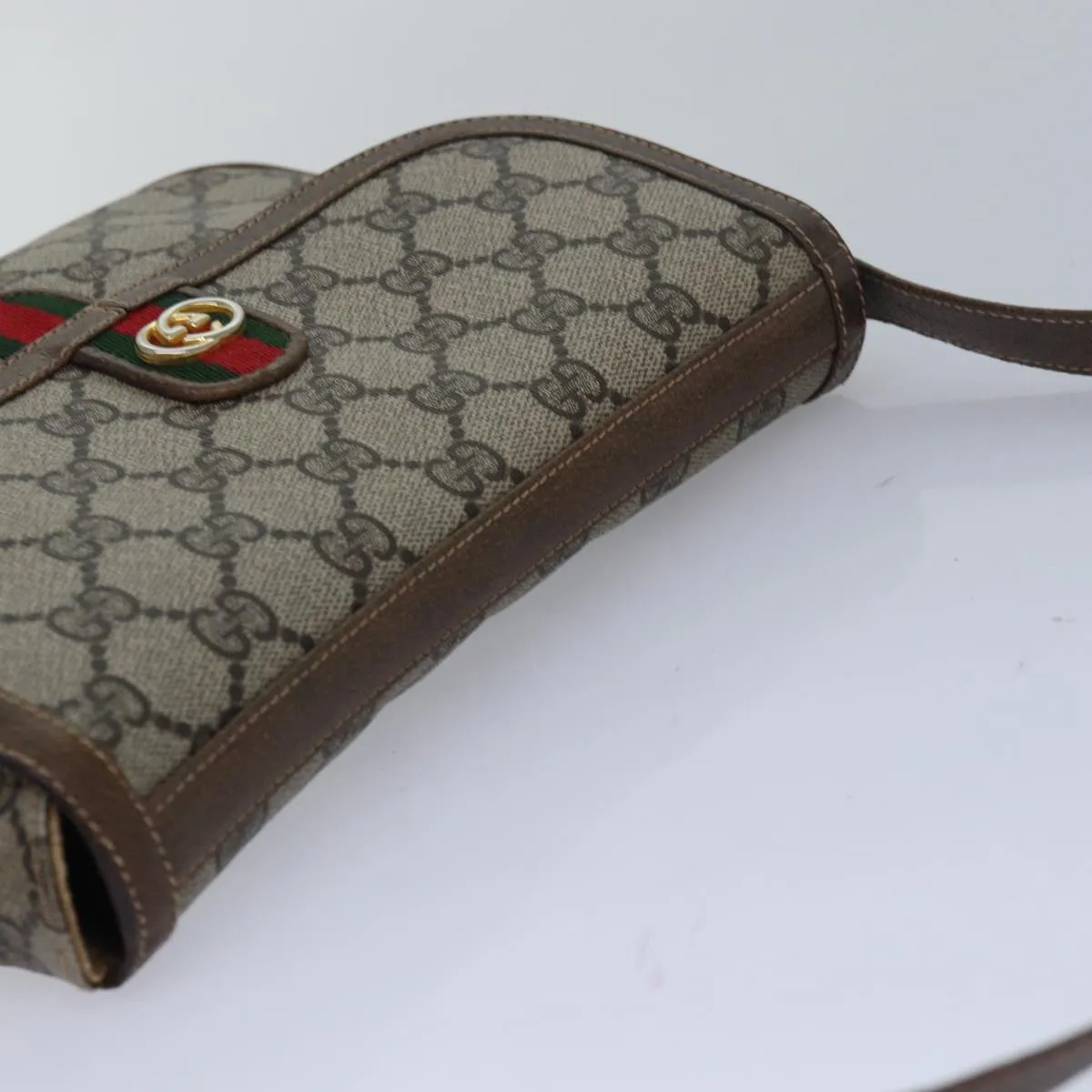 GUCCI GG Canvas Web Sherry Line Shoulder Bag PVC Leather Beige Green  83285