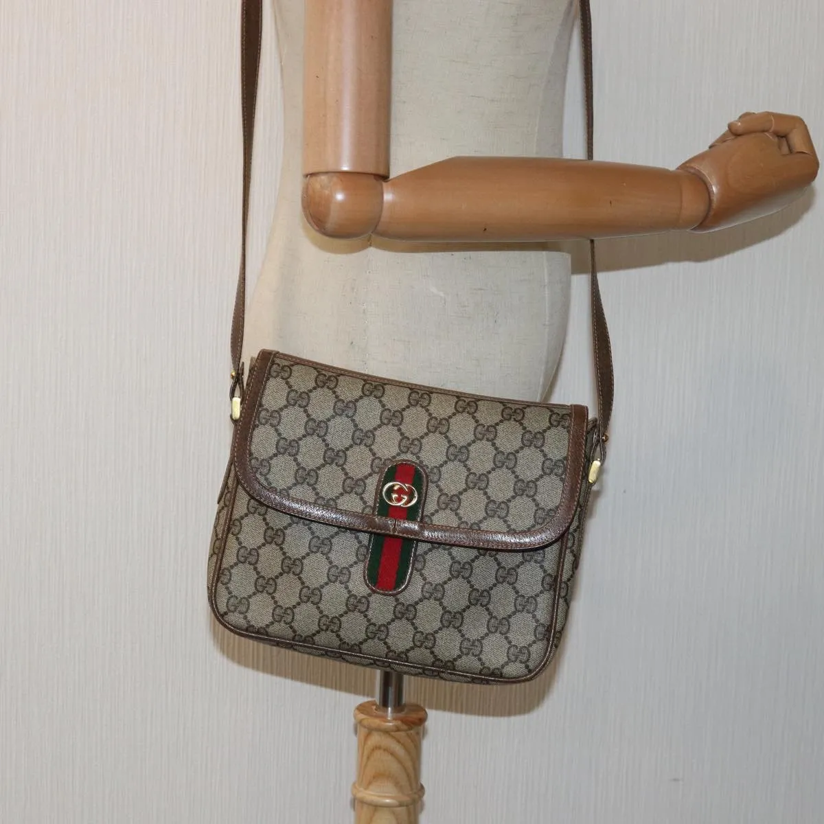 GUCCI GG Canvas Web Sherry Line Shoulder Bag PVC Leather Beige Green  83285