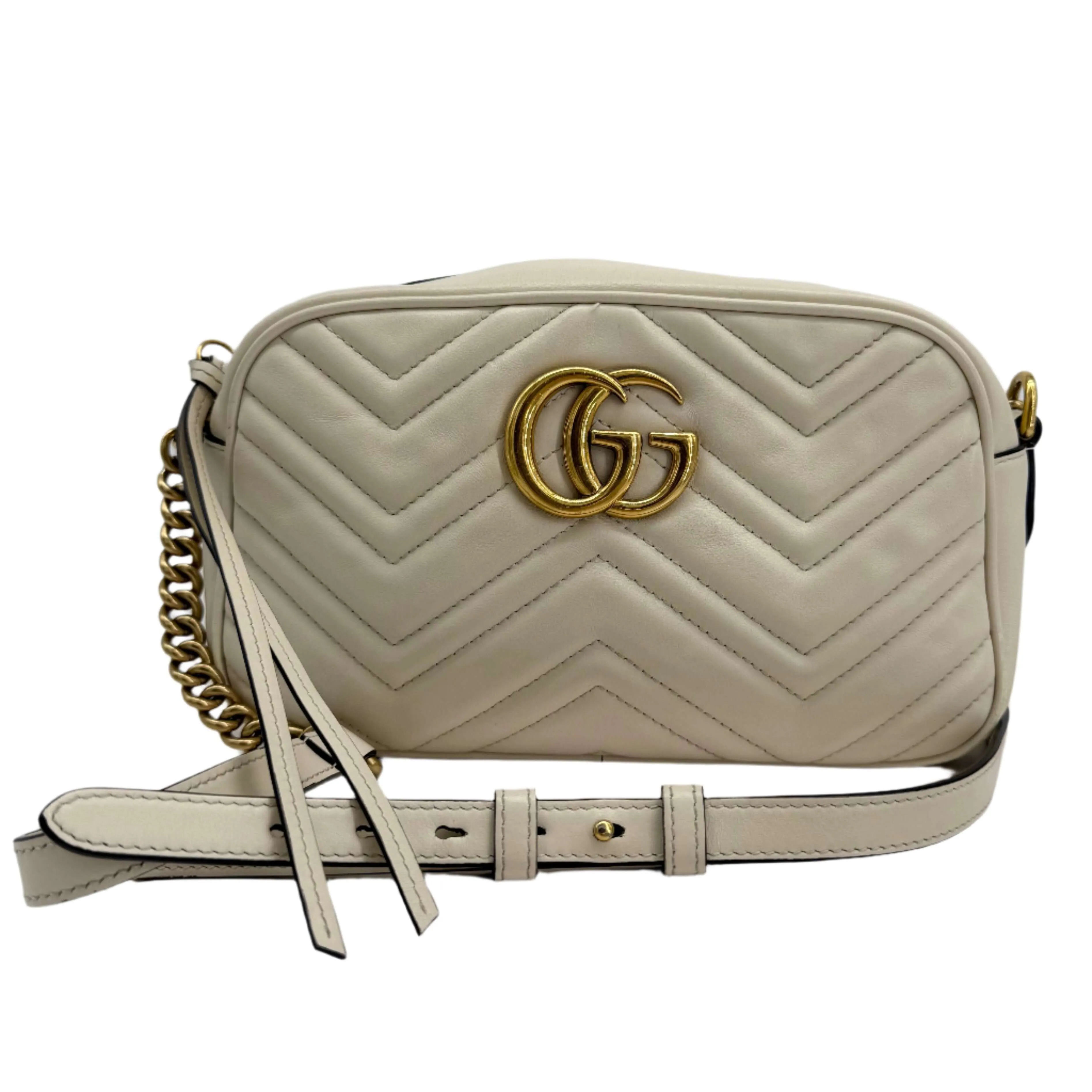 Gucci GG Marmont Small Shoulder Bag  White Matelass Calfskin with Antiqued Gold Chain