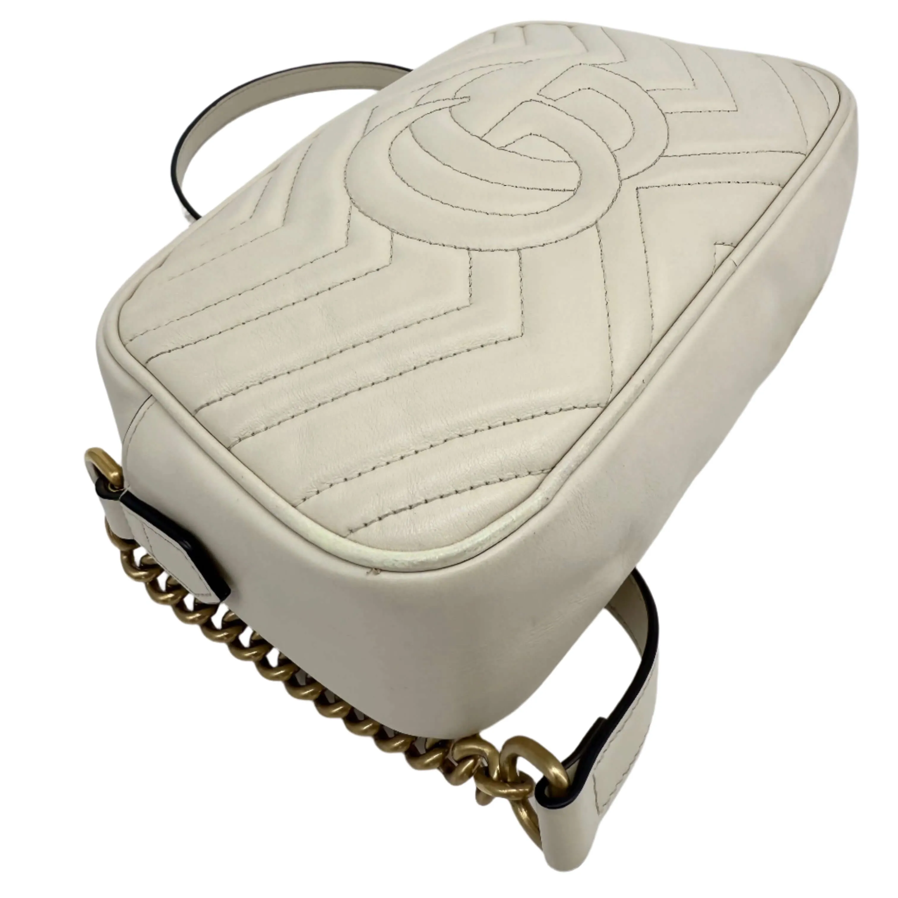 Gucci GG Marmont Small Shoulder Bag  White Matelass Calfskin with Antiqued Gold Chain