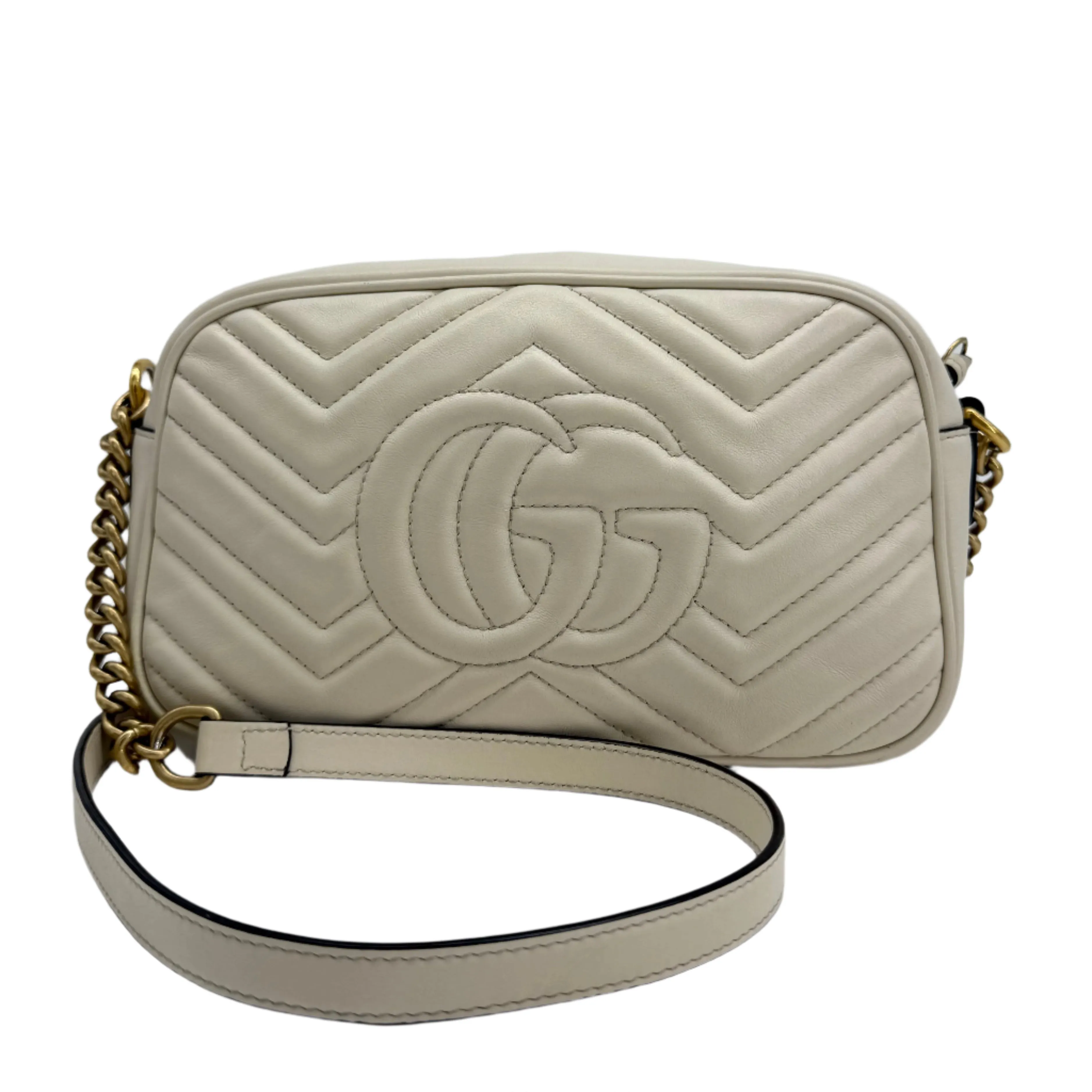 Gucci GG Marmont Small Shoulder Bag  White Matelass Calfskin with Antiqued Gold Chain