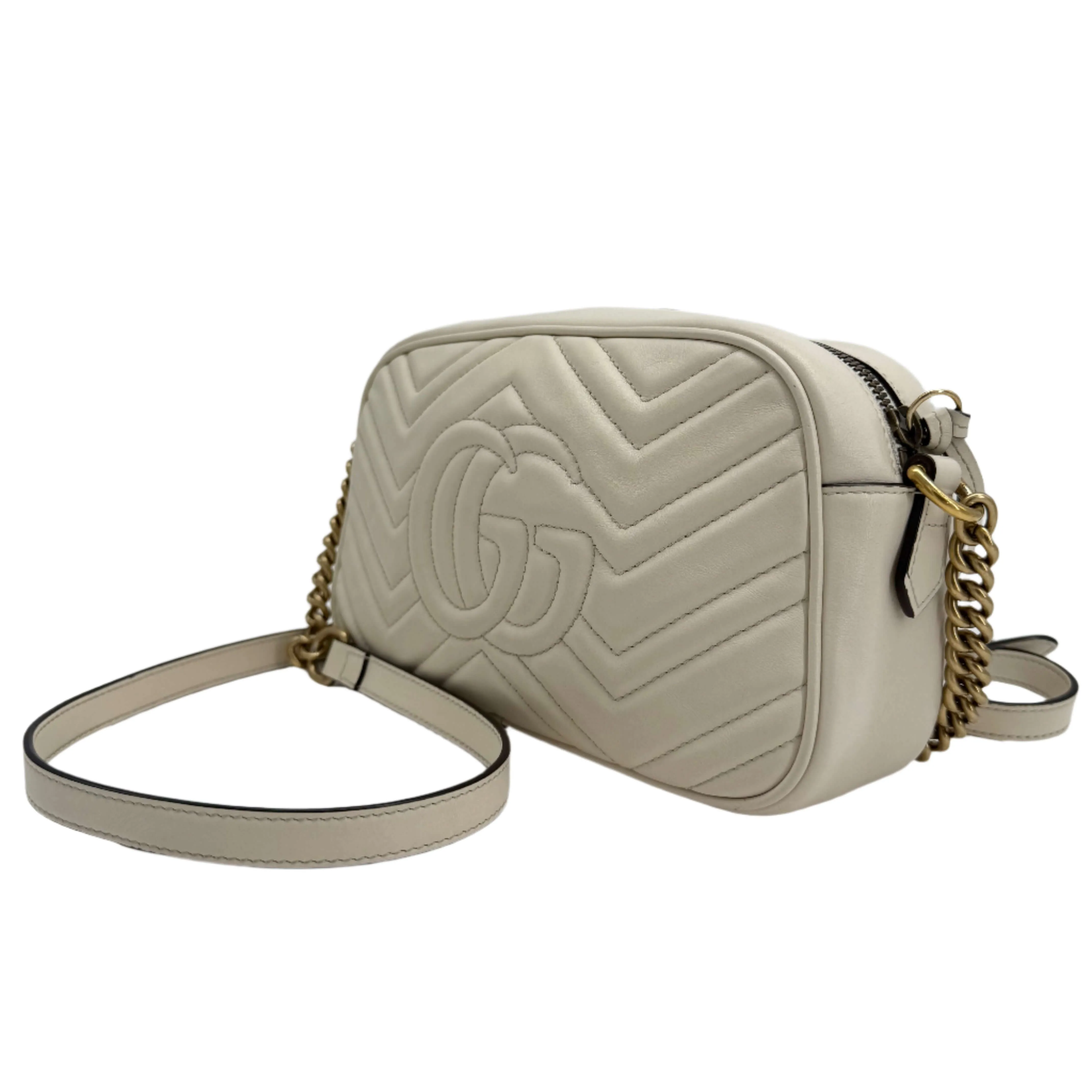 Gucci GG Marmont Small Shoulder Bag  White Matelass Calfskin with Antiqued Gold Chain