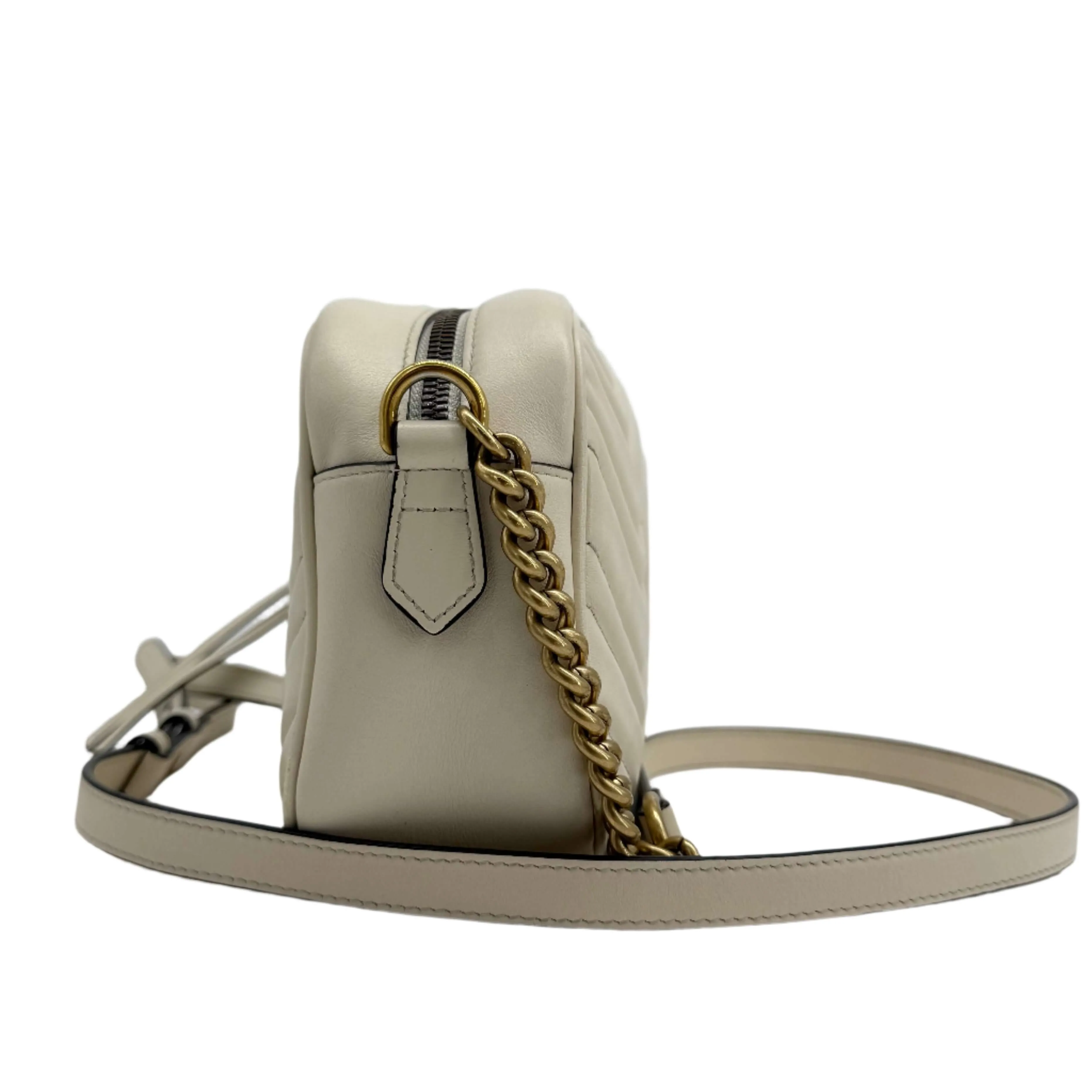 Gucci GG Marmont Small Shoulder Bag  White Matelass Calfskin with Antiqued Gold Chain