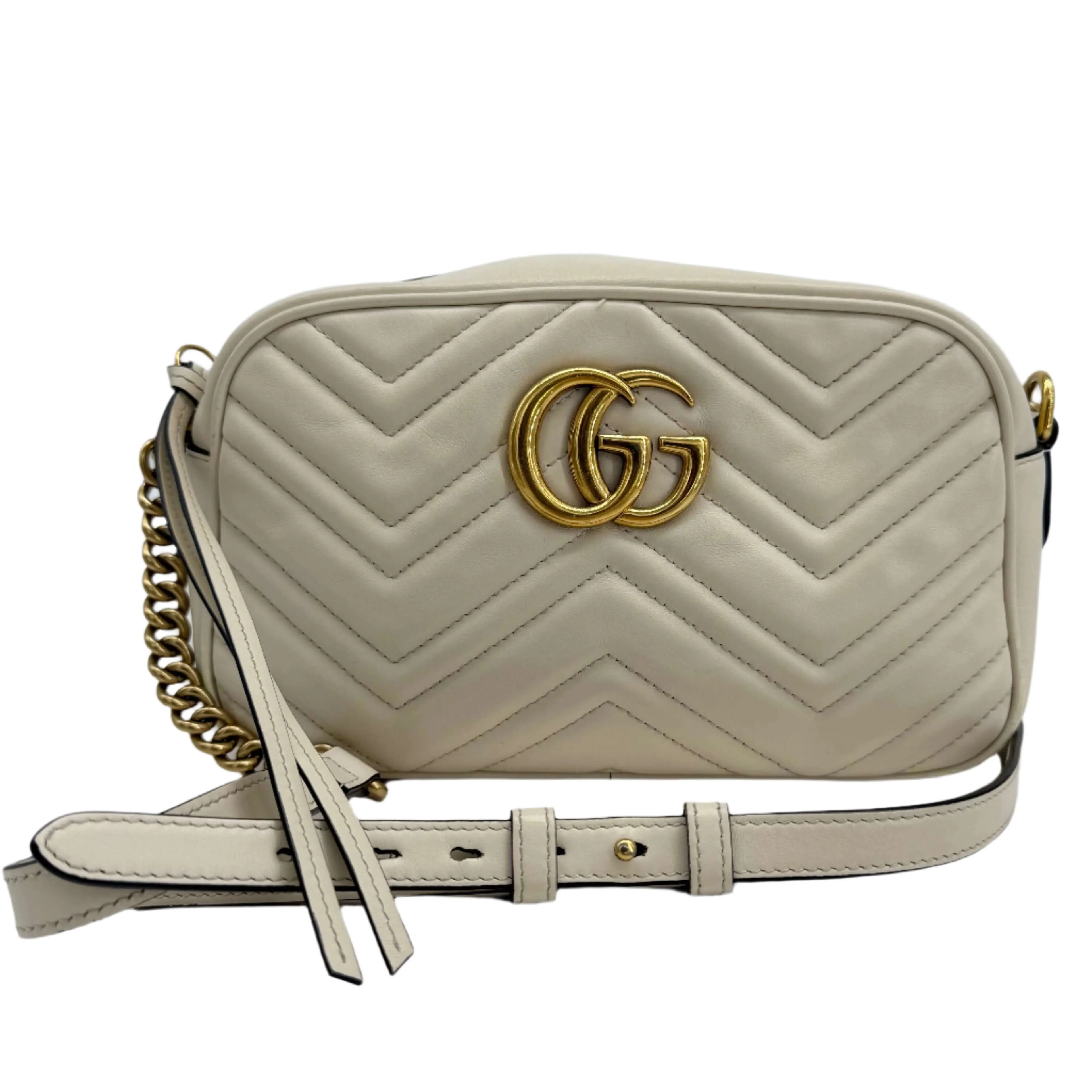 Gucci GG Marmont Small Shoulder Bag  White Matelass Calfskin with Antiqued Gold Chain