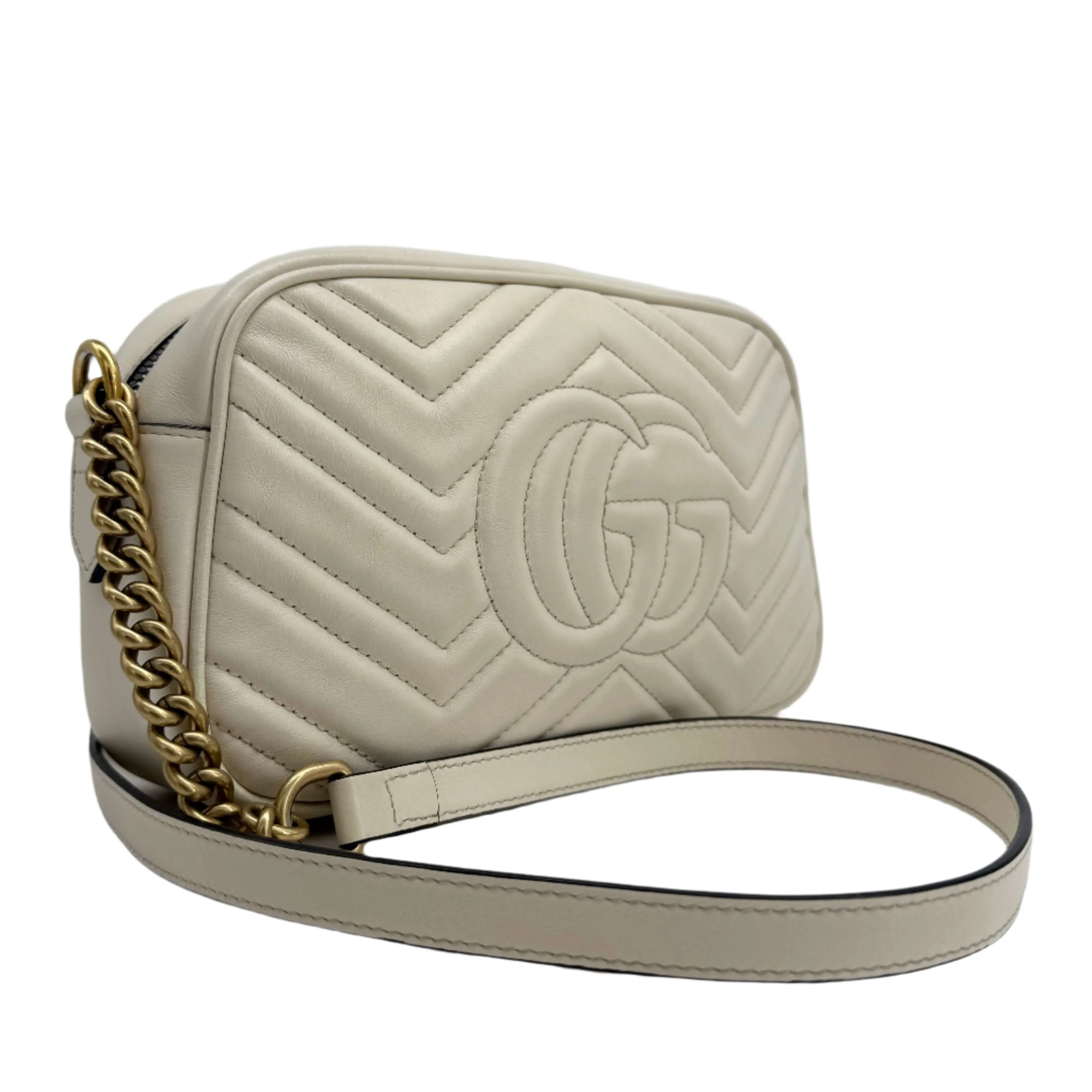 Gucci GG Marmont Small Shoulder Bag  White Matelass Calfskin with Antiqued Gold Chain