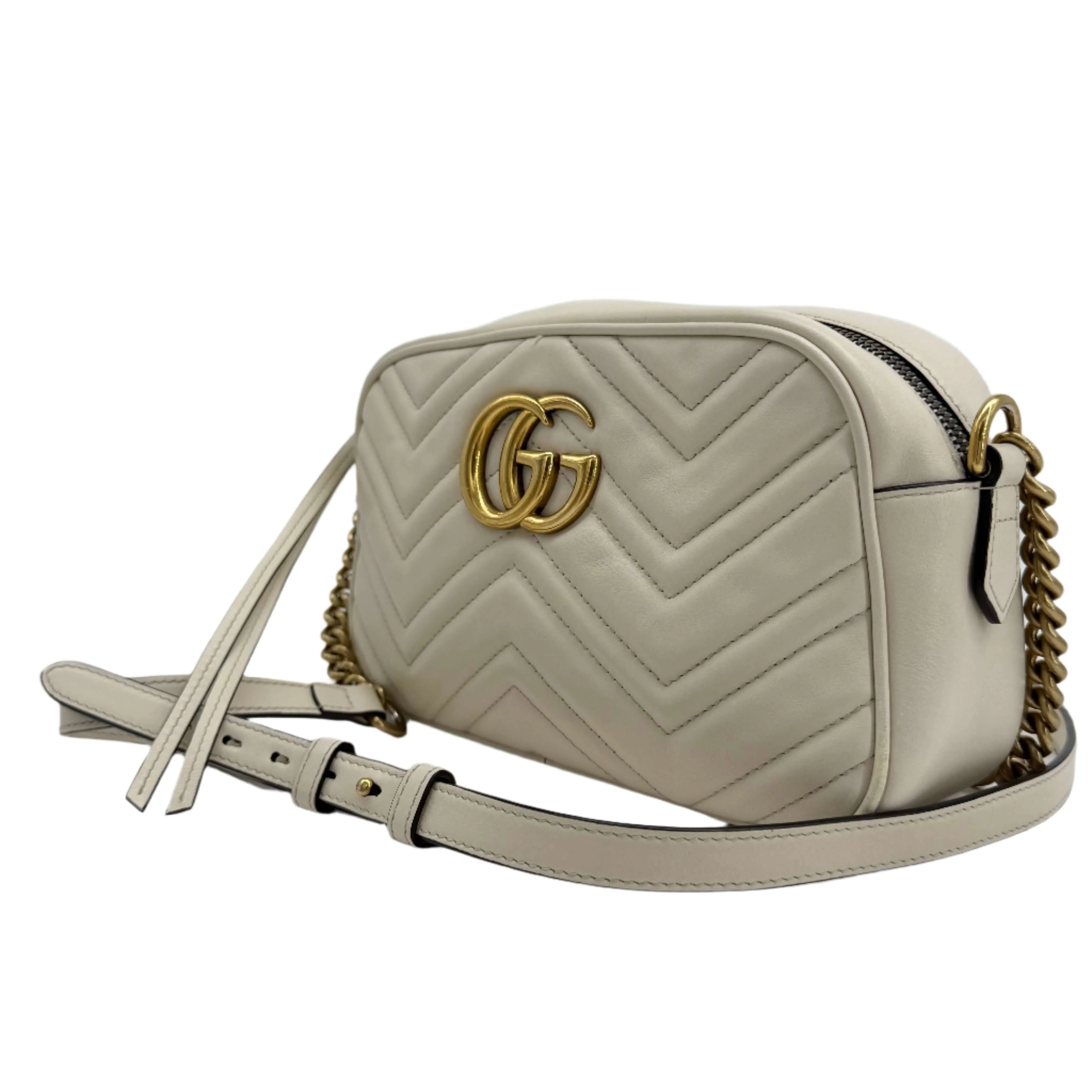 Gucci GG Marmont Small Shoulder Bag  White Matelass Calfskin with Antiqued Gold Chain