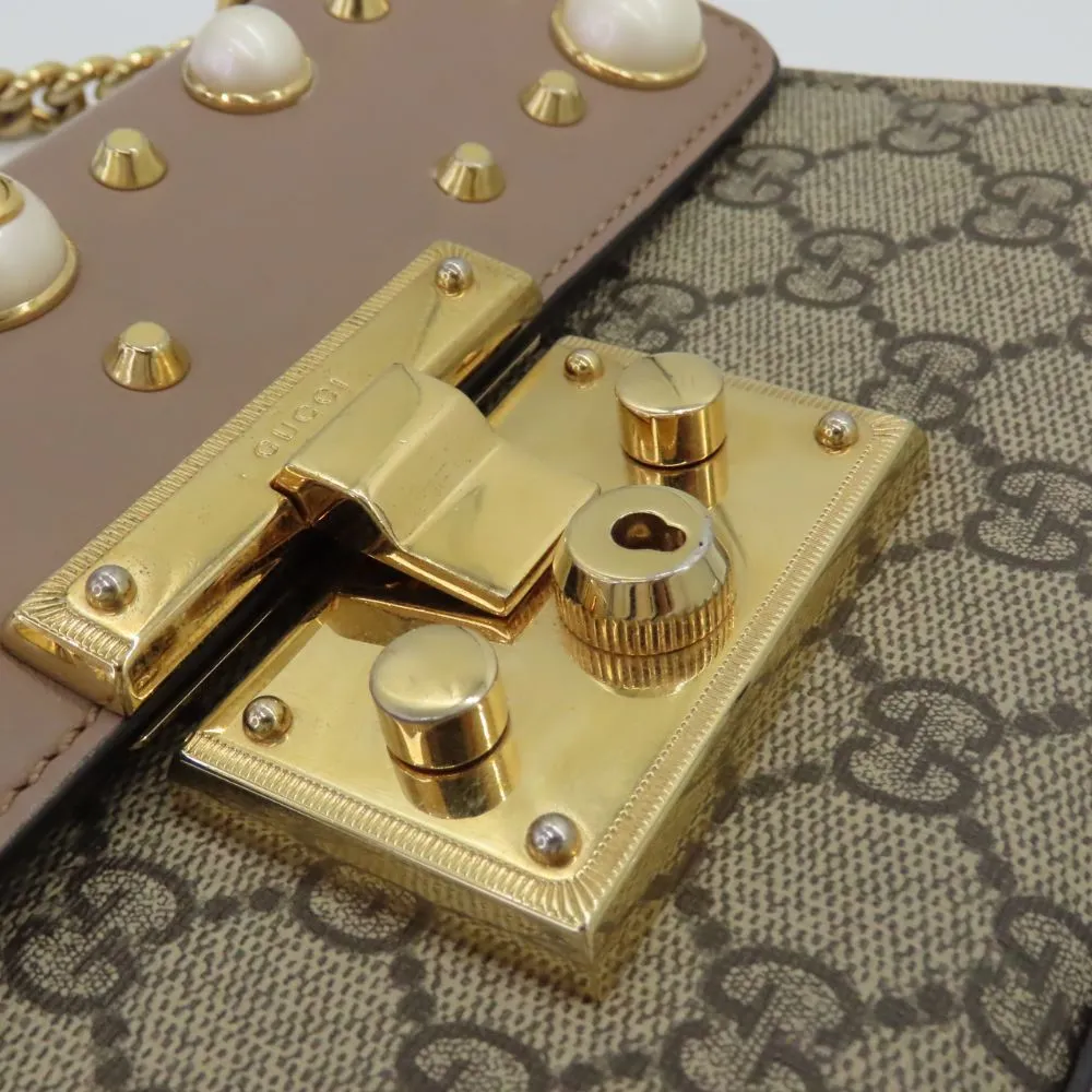 Gucci GG Supreme Pearl Studded Padlock Shoulder Bag