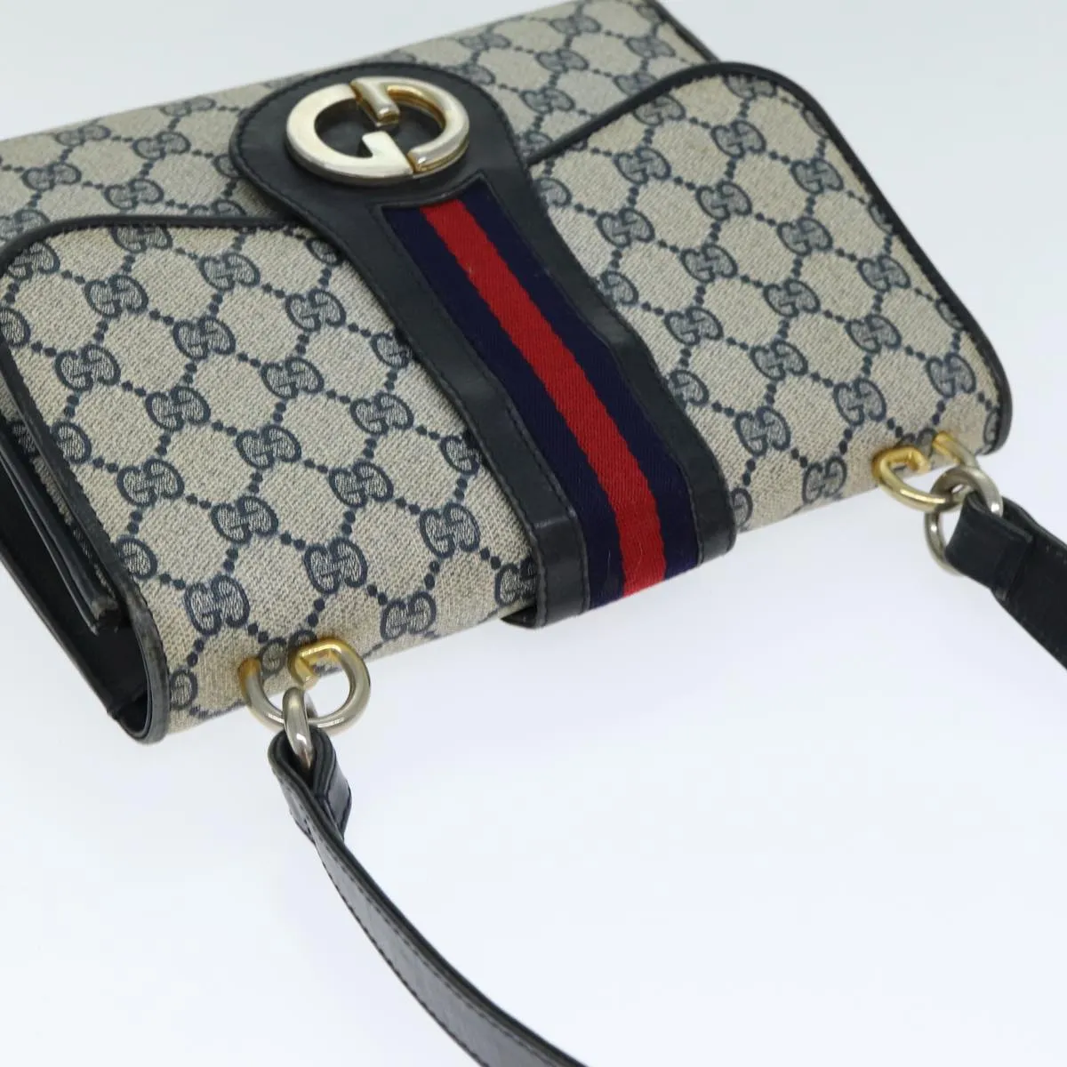 GUCCI GG Supreme Sherry Line Shoulder Bag PVC Leather Navy Red  fm3556