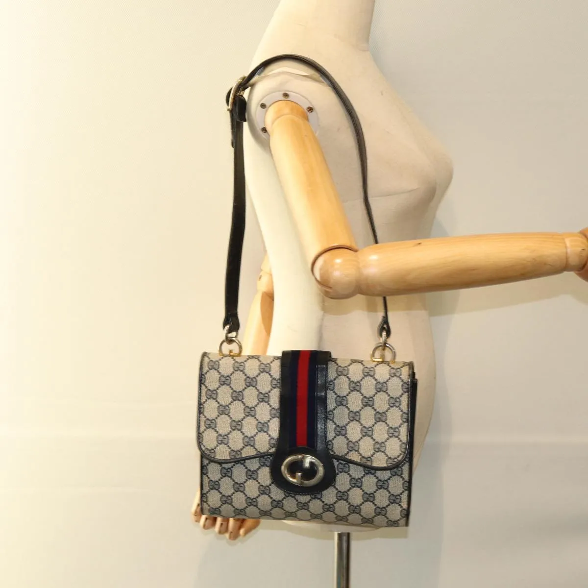 GUCCI GG Supreme Sherry Line Shoulder Bag PVC Leather Navy Red  fm3556