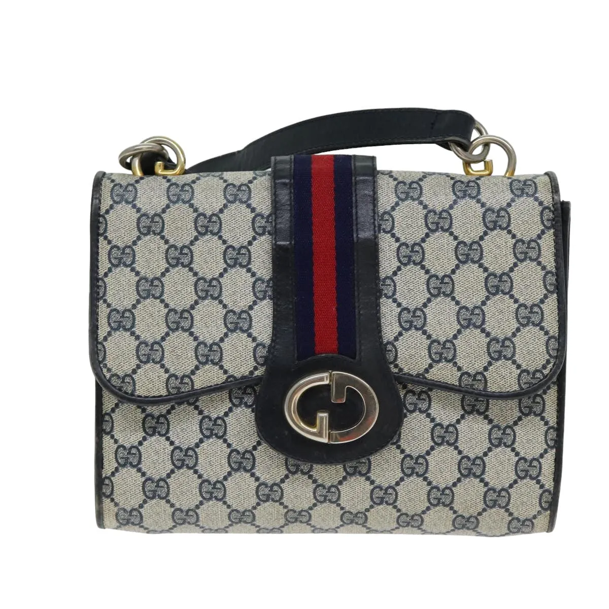 GUCCI GG Supreme Sherry Line Shoulder Bag PVC Leather Navy Red  fm3556