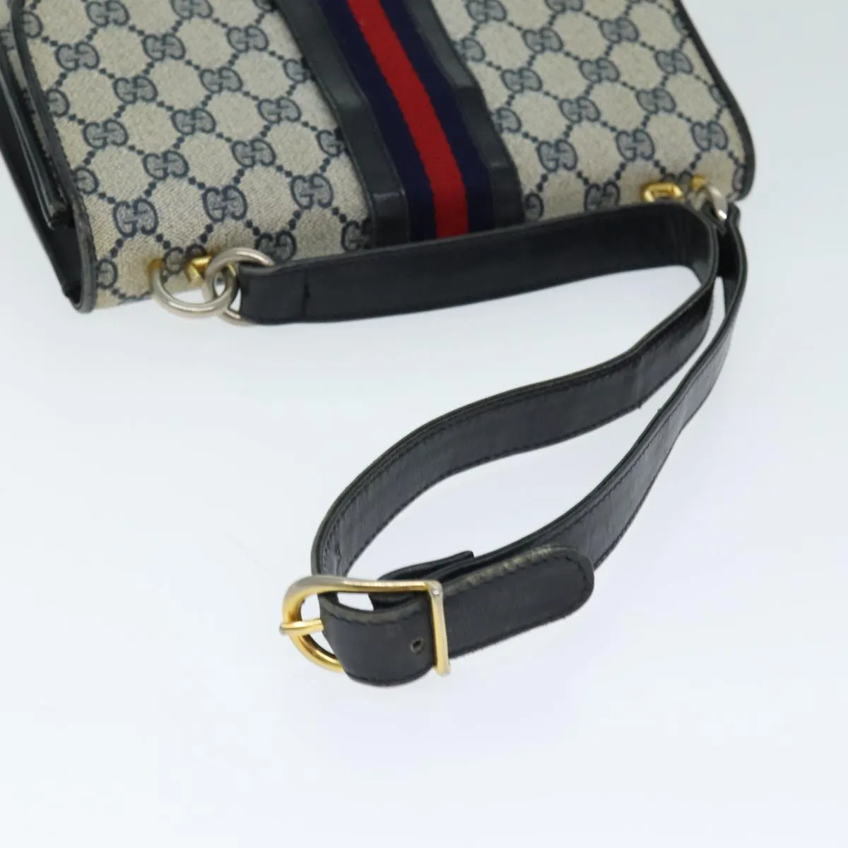 GUCCI GG Supreme Sherry Line Shoulder Bag PVC Leather Navy Red  fm3556